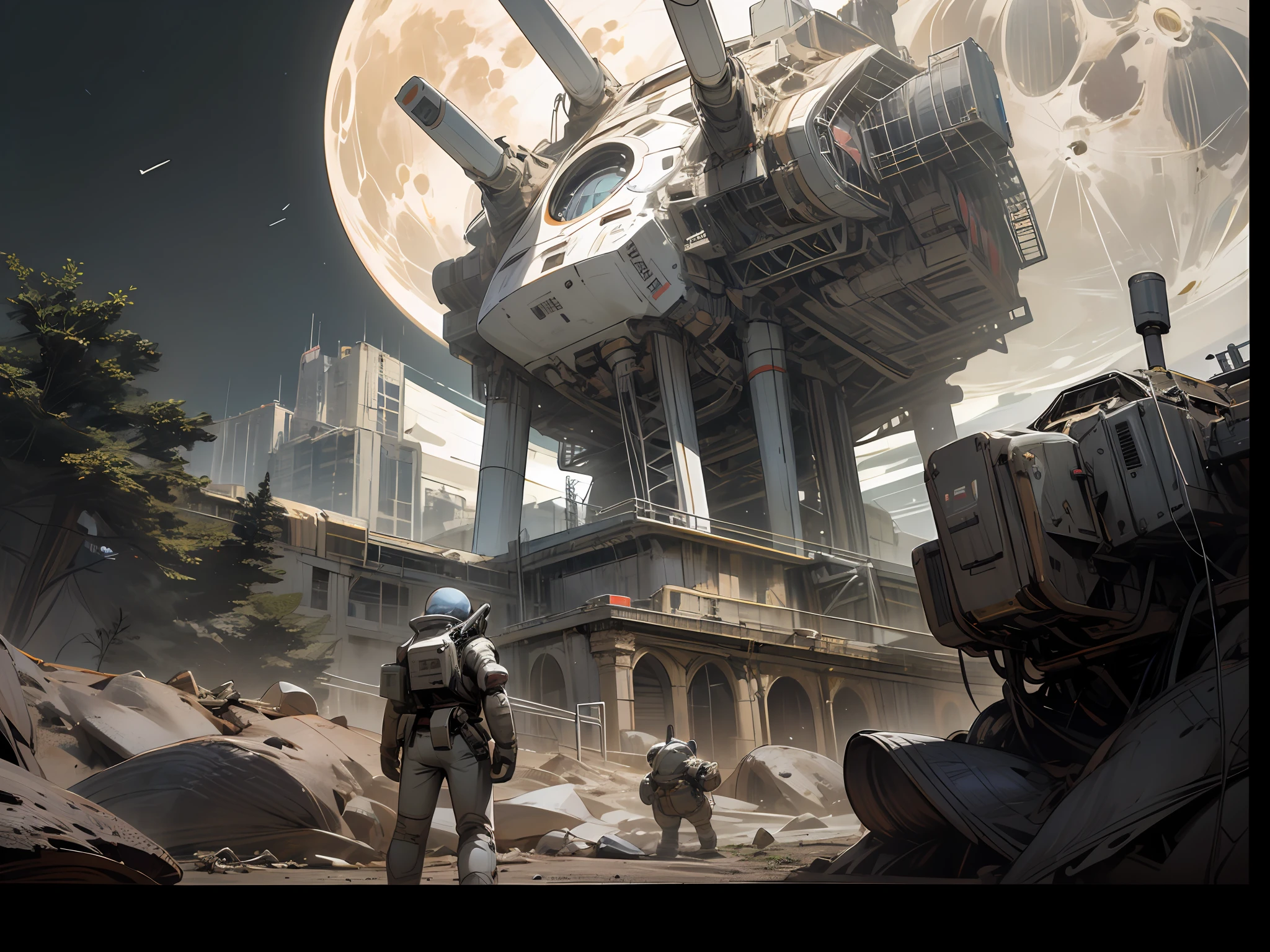 The Earth can be seen from a distance on the Moon,There are buildings,droid,The eyes glow,holding a weapon