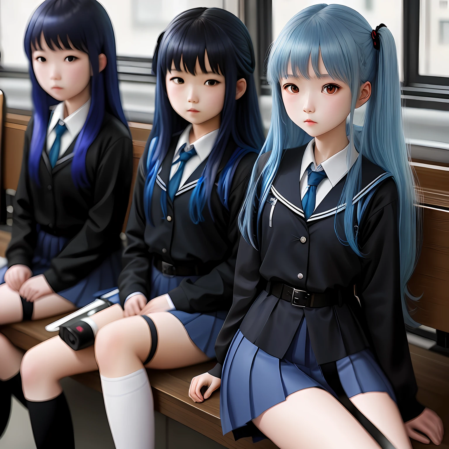 Blue hair,girls,Heteropupil,Long legs,blacksilk,校服