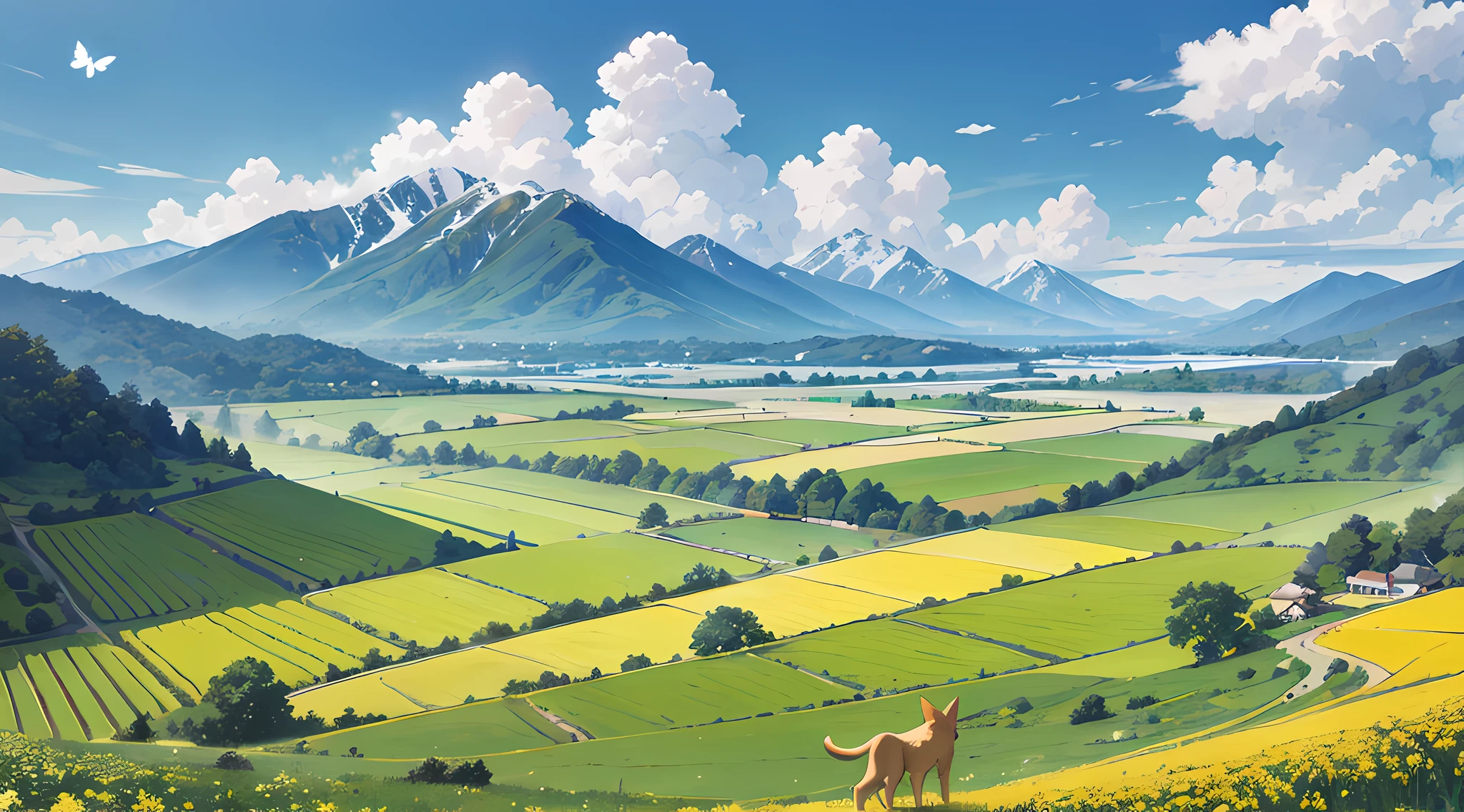 villages, farm land, rapeseed blossoms, ricefield，Butterflies, Bamboo, Yellow dog, Blue sky and white clouds, Mountains with dense vegetation in the distance