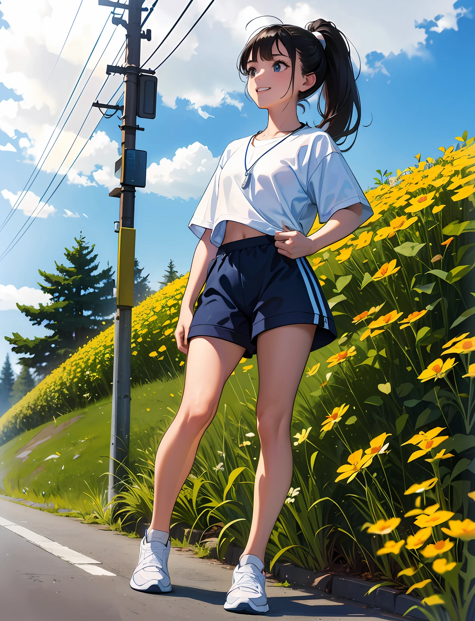HighestQuali,A cheerful girl,Comb the ponytail,Wear sportswear,athletic sneakers,having fun,Walk on country roads,Next to the road are flowers and plants,With a necklace,Surreal,of a real,Ultra-wide shot