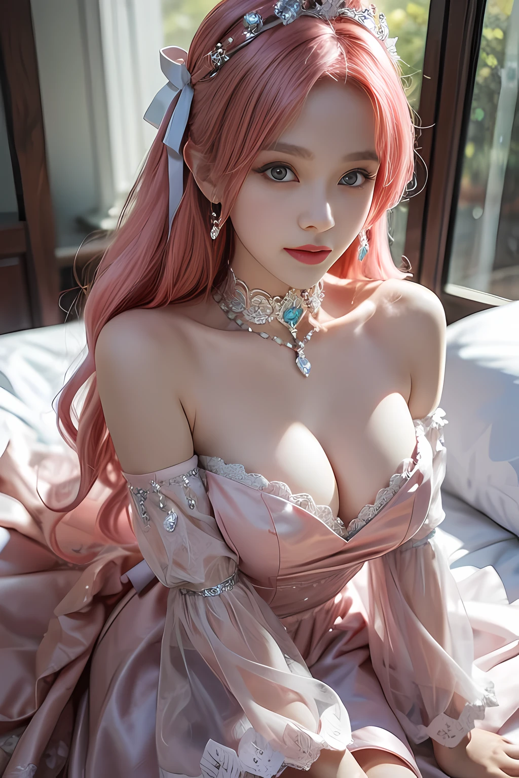 （（realistic illumination，top-quality，8K，tmasterpiece：1.3）），Clear focus：1.2，1womanl，Beautiful Women with Perfect Figure：1.4，Yushuxin，1girll，shift dresses，独奏，A pink-haired，jewely，long whitr hair，耳Nipple Ring，Bow knot，long  skirt，naturey，exposed bare shoulders，Airless Gainsboro，long  skirt，Hair Bow，ln the forest，Pink bow，No shoulder strap，choker necklace，tilt of the head，wavey hair，straplessdress，Lace sleeves，Beautiful virgin，beautiful Korean women，Princess with a crown on her head，cute elegant pose，Bell Delfinn，Wearing a pink dress，beautiful fantasy maiden，Anime princess，beautiful and seductive anime woman，Beautiful Asian Girls，attractive anime girls，elegant glamourous cosplay，（Lie down in bed：1.8），（Beautiful sphere articulated doll：1.3），Luxurious princess dress，Show beauty ，Posture obscenity，bare thighs，No chest covering，The chest is fully exposed，Slim waist，Slender long legs，