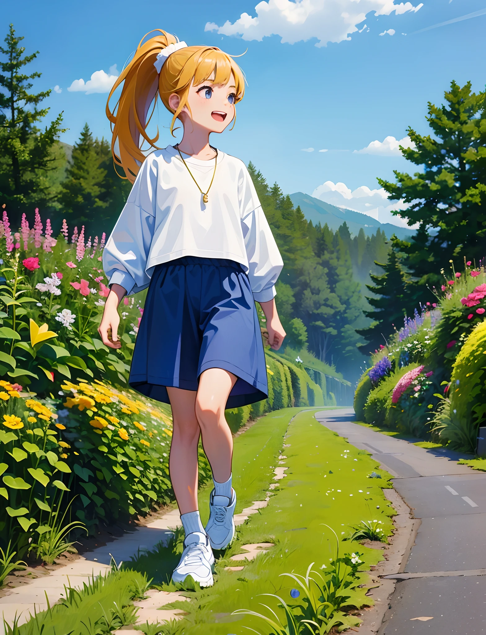 HighestQuali，A cheerful ***********，Comb the ponytail，Wear sportswear，athletic sneakers，having fun，Walk on country roads，Next to the road are flowers and plants，With a necklace，Surreal，of a real，Ultra-wide shot