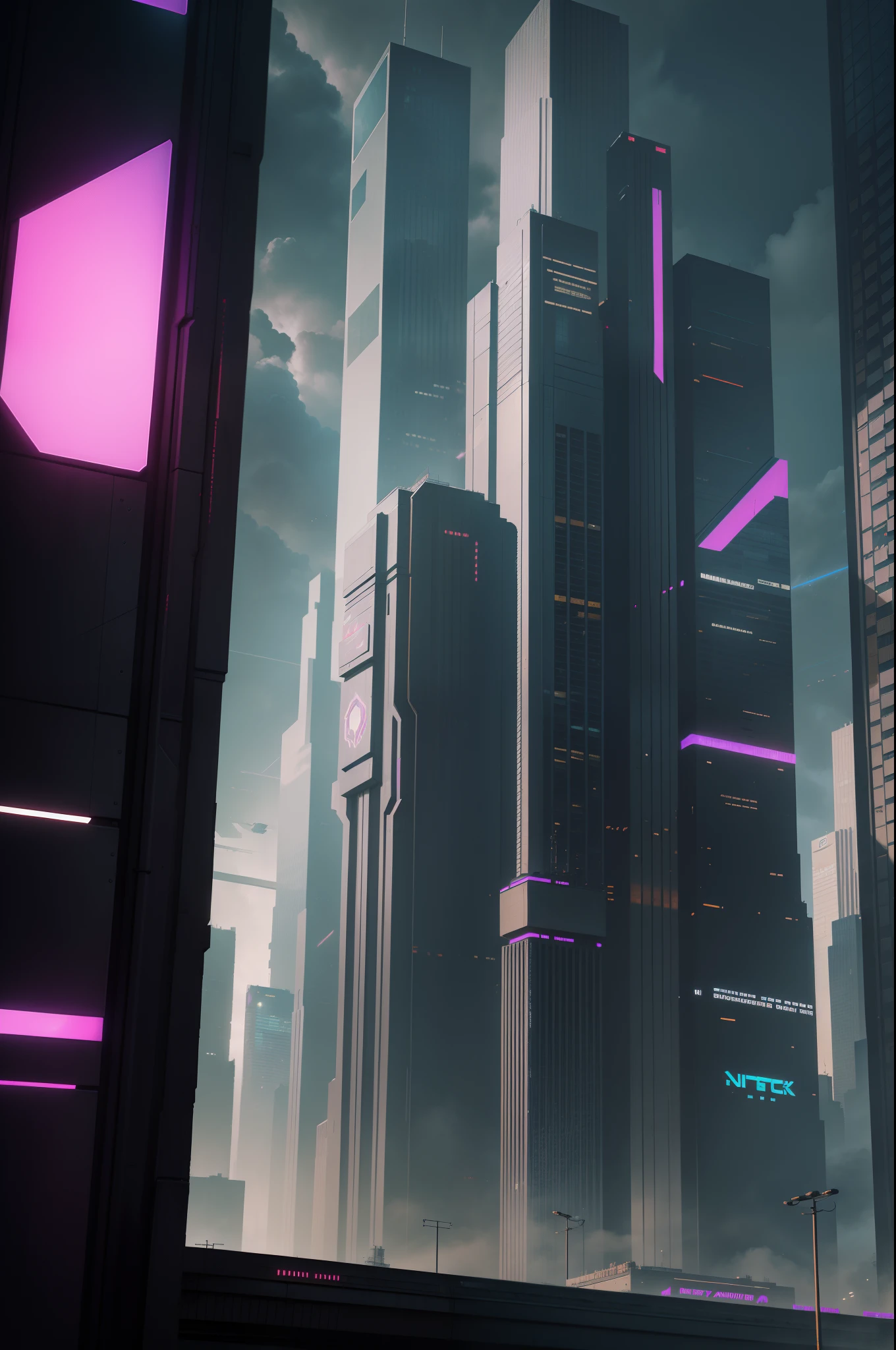 Cyberpunk virtual city,Look up at the composition,a sense of atmosphere,hyper-detailing,diffused reflections