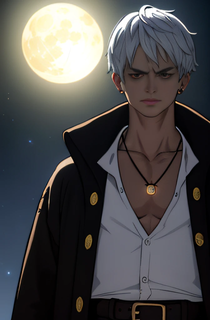 1boy, wanostyle, pirate, white hair, middle part, red eyes, white shirt below black jacket, black pants, holding handgun, marksman, black jacket, ear piercings, pendant, leather belt, full body, holding gun male, solo, ((masterpiece)), (best quality), (extremely detailed), depth of field, sketch, dark intense shadows, sharp focus, soft lighting, hdr, colorful, good composition, spectacular, closed shirt, anime screencap, hyper-realistic, hyperreal photography, highly detailed, art design photography, intricate, 8k, HD, cinematography, photorealism, unreal engine, film, hyper-detailed, Insane detail, Intricate Detail, Film, Editorial Photography, Photography, Photoshoot, DOF, White Balance, 32k, Super Resolution, Megapixels, ProPhoto RGB, Halfrear Lighting, Backlight, Natural Lighting, Incandescent, Fiber Optic, Cinematic Lighting, Studio Lighting, Soft Light, Volumetric, Lighting, Accent Lighting, Global Illumination, Screen Space Global Illumination, moon sky,