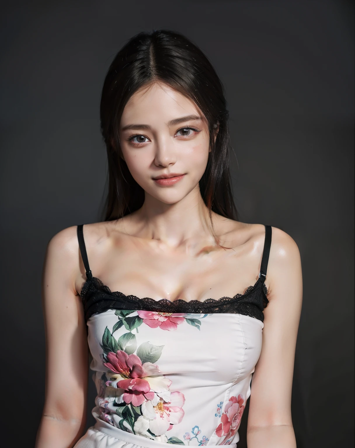 (8k, RAW photo, best quality, masterpiece:1.2), (realistic, photo-realistic:1.37), ultra-detailed, ultra high res,1 girl,looking at viewer,beautiful detailed face,smile,narrow,(slim waist:1.3),shirt, beautiful detailed skin, skin texture, floating hair,professional lighting,