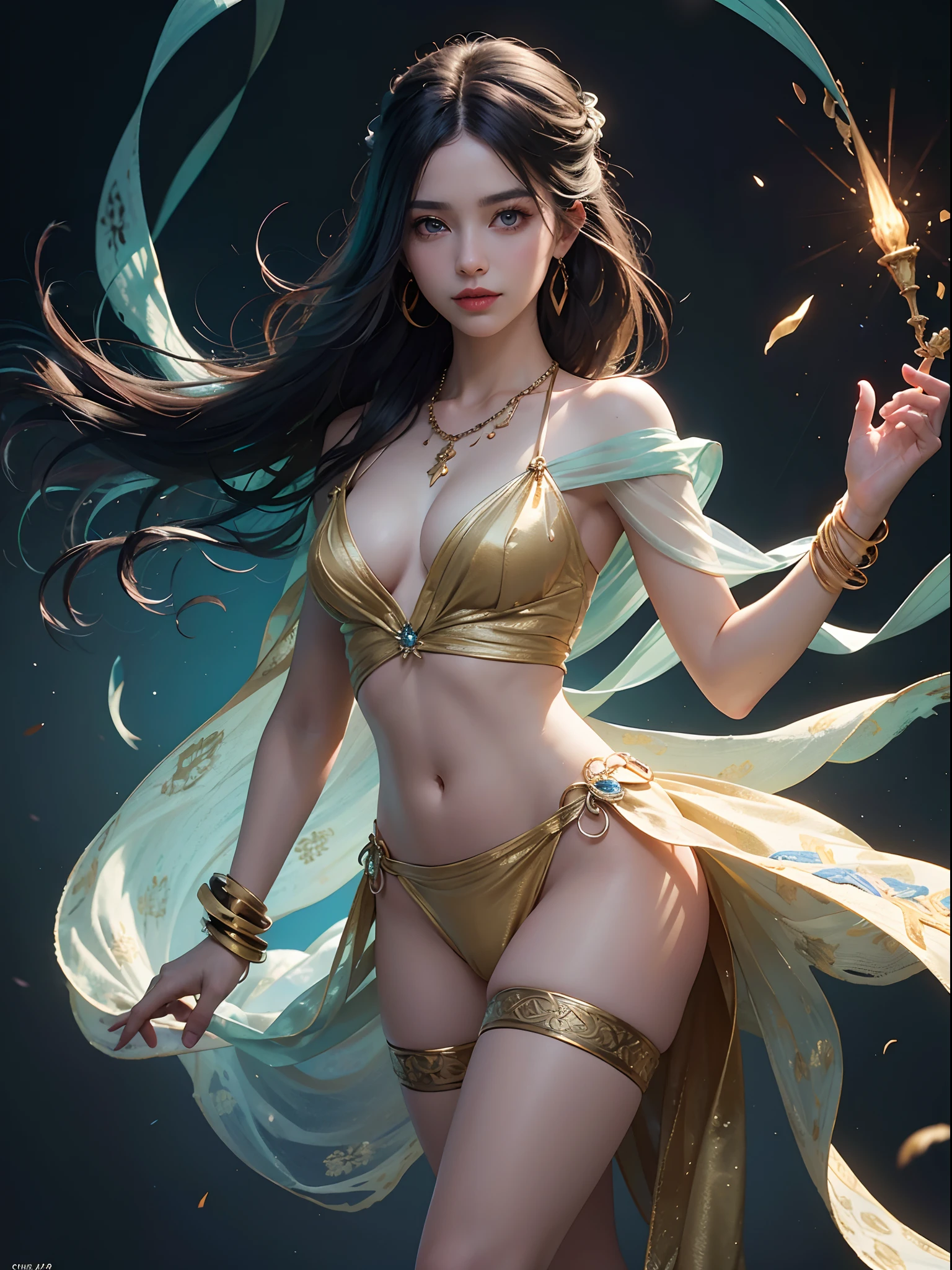 Unbeatable masterpiece, Ultra photo realsisim, Perfect artwork, Intricate details, Best quality, Strong light,High contrast, (Masterpiece) , (Best quality) , (Ultra-detailed) , illustration , Dynamic Angle ,lgirl , full_Body, Colorful, Beautiful detailed eyes , Portrait ,Colorful , Translucent hair , (glowing inner hair) , the perfect appearance ,Dark blue hair , Green eyes , (bobcut:1.25) , Smile , (Black shawl:1.05) ,(luxury clothes:1.15) , lace elbow gloves , (Flat color) , (Sapphire necklace:1.2) , (White sheathed dress)(Lickers:1.4) , looking at viewe , (final fantasy style:1.15) , (Chiaroscuro lighting:1.2) , (with black background) , ( Hands and feet:1.25), Above the calves , cleavage , Medium chest .Silk transparent mask , Western Region Dancer , Seductive expression , colorful pigtail , Big eyes , allure , Beauty , No items on hand , There are no visible hands , Carillons .Sexy , exquisite face , Medium chest, Gemstones , jewelry , nobles , Earring straps , Eyebrow painting , period costume , Light makeup , Ancient makeup ,bangle , Long hair , Shake the steps , Jade, gold , Beautiful eyes , Streamers , showing waist , navel , Thighs , Smooth skin) ,(Fingers are not visible: 1.8) , (elegant: 1.5) ,(Solo: 2.5) , Ancient dancer costumes(western regions , Colorful , purple | Red and gold silk , complex , Flying , Hanfu ,elegant , Light , Silk , Seductive , Enchanting, Colorful , opulent , Gorgeous , Embroidered, Embroidered , Silk , gold , Flowers ,patterns , Textured , Intricate embroidery, Complex textures , Ribbons , elegant) ,Sunshine , Morning , (Tyndall phenomenon:1.8) , Sunshine , Summer , Ancient , official works (Masterpiece) , Best , 8K wallpaper , as well as cinematic quality , exquisite and complex , Master works , official works ,master lighting , cinematic compositions ,Movie lighting , Master composition ,