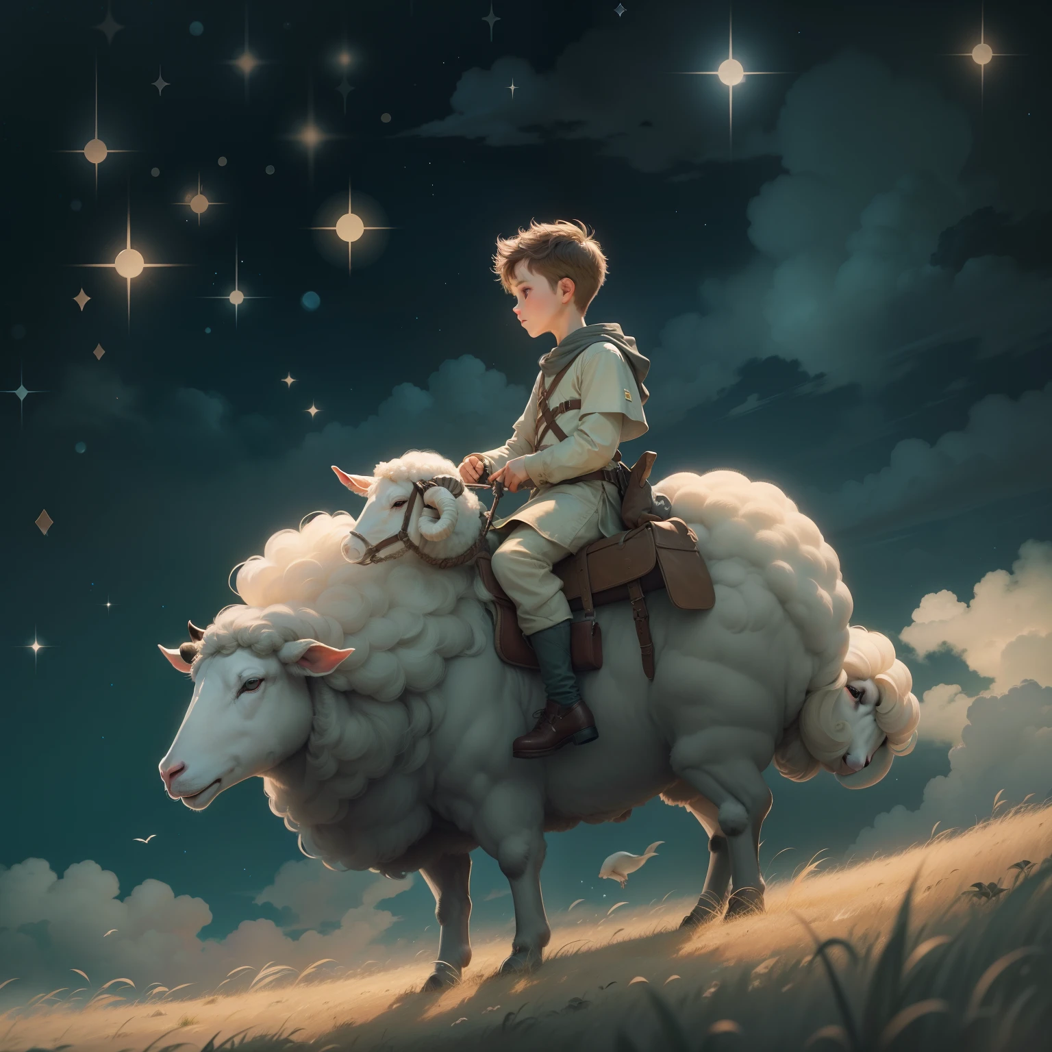 Prairie, a boy riding on the back of a sheep, knight, night, starry