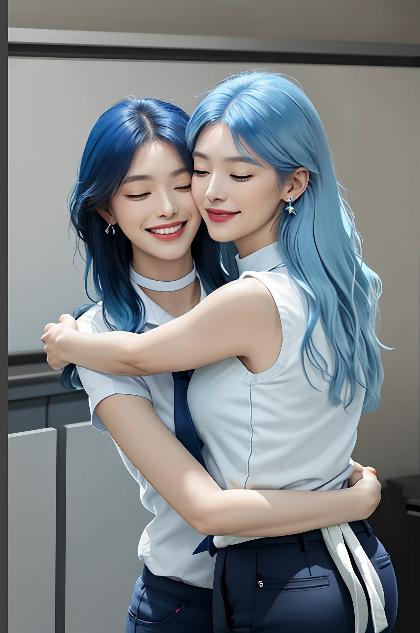 (((grown woman))), 2girl, (((look at each other:1.5, close eyes))), laughing, (((hugging:1.5))), (((holding a single women's bag))), solo, choker, earrings, (((white office shirt))), (((blue hair:1.3))), ribbon, white shirt, (((sleeveless))), collared shirt, (((black pants))), upper body, hair between eyes, sleeveless shirt, medium hair, bare shoulders, (((looking at left))), (background trade center), eyelashes