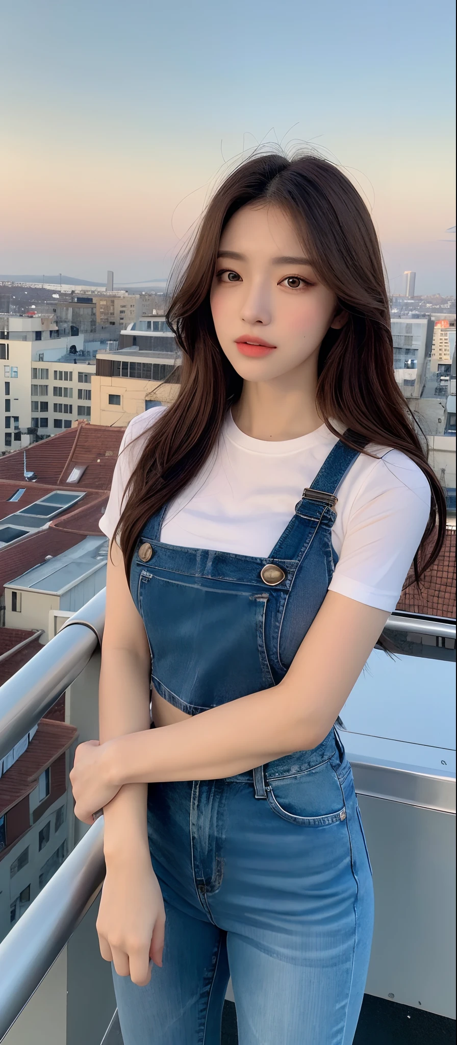 ((Midnight, Best quality, 8k, Masterpiece :1.3)), Whole body, Long legs, Sharp focus :1.2, A pretty woman with perfect figure :1.4, Slender abs :1.1, ((Dark brown hair, Big breasts :1.2)), (White tight tshirt, Jean bib, Standing:1.2), ((Night city view, Rooftop:1.3)), Highly detailed face and skin texture, Detailed eyes, Double eyelid