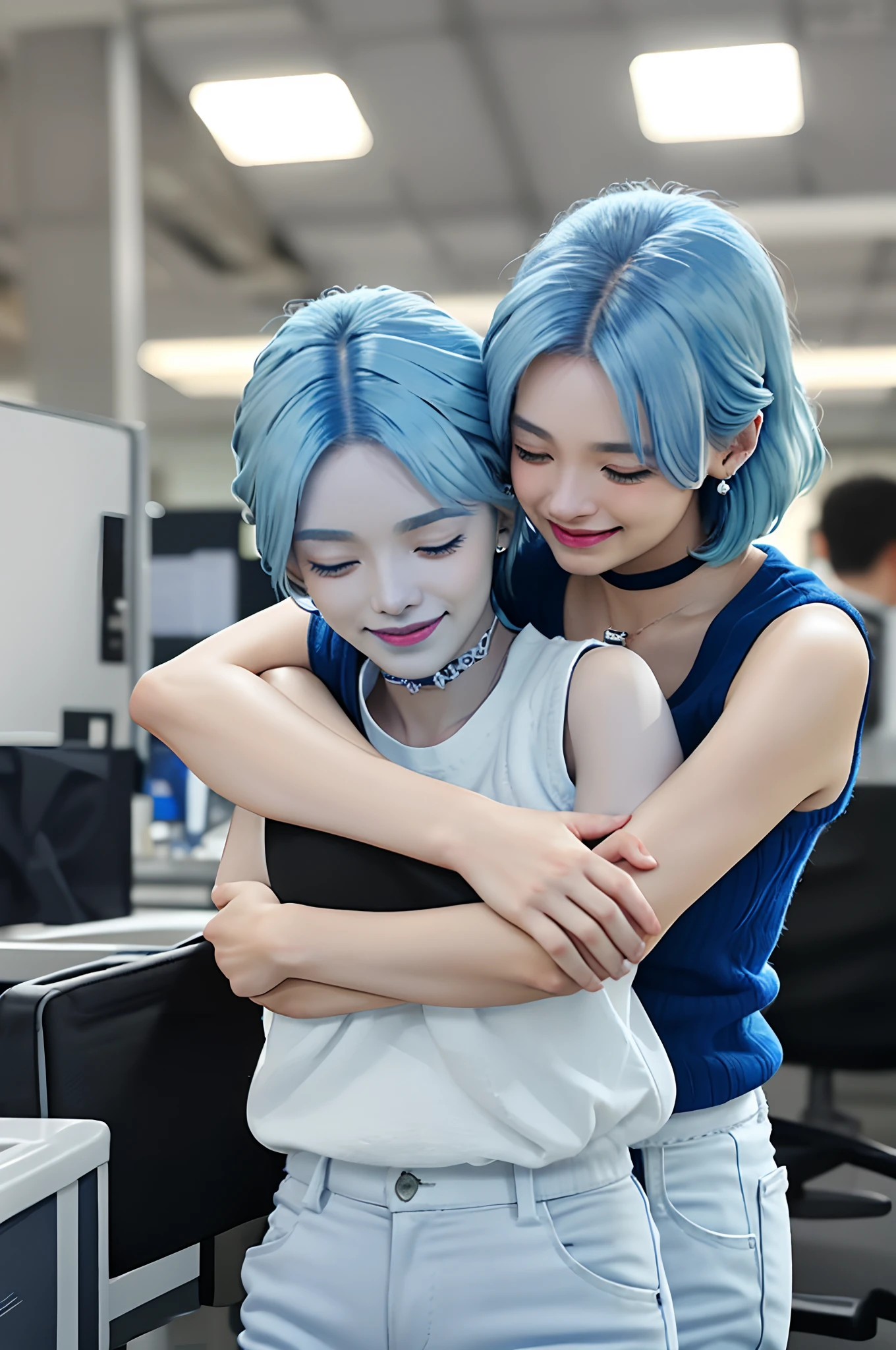 (((grown woman))), 2girl, (((look at each other:1.5, close eyes))), laughing, (((hugging:1.5))), (((holding a single women's bag))), solo, choker, earrings, (((white office shirt))), (((blue hair:1.3))), ribbon, white shirt, (((sleeveless))), collared shirt, (((black pants))), upper body, hair between eyes, sleeveless shirt, medium hair, bare shoulders, (((looking at left))), (background trade center), eyelashes