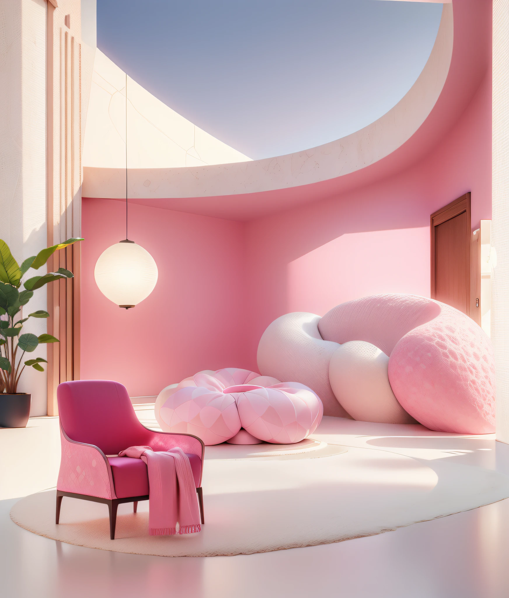 Home，in pink，3Drenderingof,Dopamine mood，Lovely and sophisticated building，Premium texture，high-class details，Studio lights