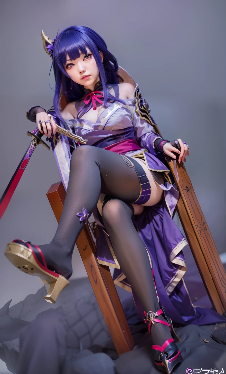 Anime girl sitting in chair holding sword and sword, shalltear from overlord, highly detailed exquisite fanart, Ayaka Genshin impact, commission for high resolution, youthful taliyah, shalltear bloodfallen, sitting on her throne, oc commission, wearing dark purple armor, Female protagonist 👀 :8, Keqing from Genshin Impact