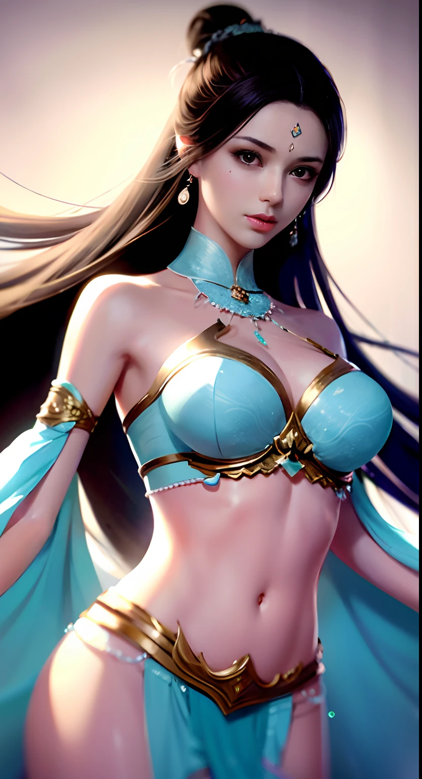Bust photo, a beautiful woman, messy hair, girly, symmetrical bun, hair accessories, jewelry, delicate face, eye shadow, delicate cyan top, bare shoulders, navel, bare belly, Dunhuang style, a lot of streamers, delicate skin, soft light effects, delicate and smooth hair, delicate details, eye highlights, fair skin, fine portrayal, extreme details, cinematic quality, thin, slender, broken, hair details, thin bangs, shawl hair, correct body, shadows, air bangs, 8K, super detailed, Fine fabric texture, soft, supple, smooth texture, Dunhuang style, delicate pattern, correct hand painting, smile, tsurime, Surrealism, ray tracing, UHD, high details, super detail, highres, 8k, high quality, high details, textured skin, ccurate