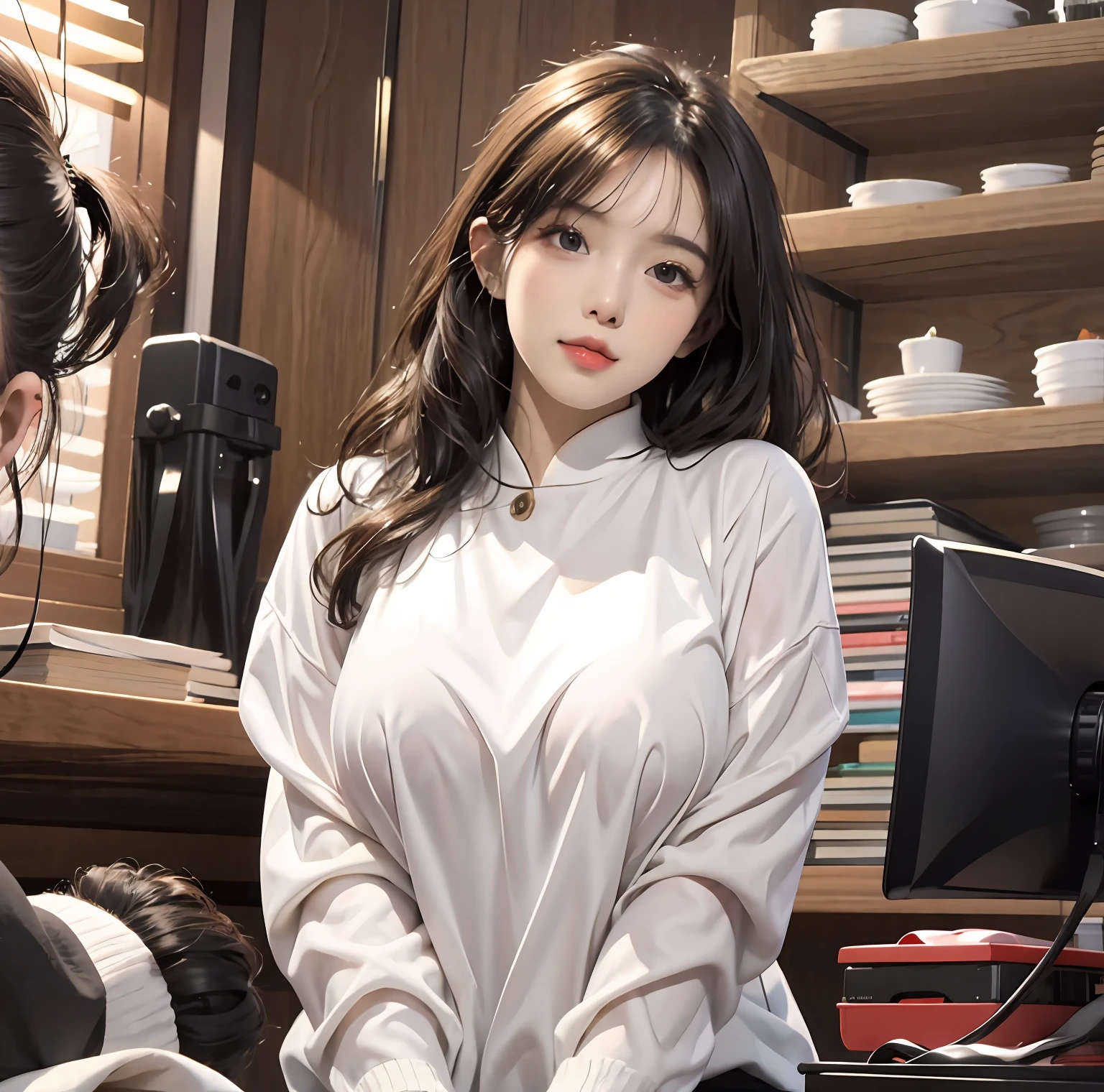 One guy,(8K, RAW photo, Photorealistic:1.25) ,( Gloss on lips, eyeslashes, gloss face, Glossy glossy skin, best qualtiy, 超高分辨率, depth of fields, color difference, Caustics, Wide light, naturalshadow, Kpop idol)Sit at home,big white legs,European style,big assa,huge tit,huge tit,huge tit,Exposed breasts,Dress revealingly,sliver long hair,Raised sexy