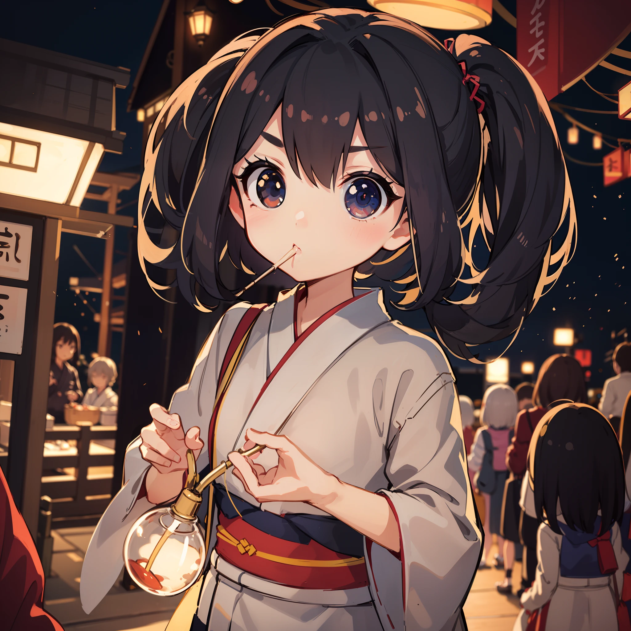 Chibi:1.8,Komono,Girl in Yukata,Blowing in the wind,Summer Festivals,natta,food stand,Spirit Stream,Big Fireworks,poneyTail,(masutepiece: 1.3), (exquisite detailing: 1.2), Delicate and beautiful details, (Eye Detail), (Facial Detailed), (Highest Quality) :1.4), (Hyper-Resolution: 1.2), (very detailed illustration),Best Quality,depth of fields, Wide light, natural shadows