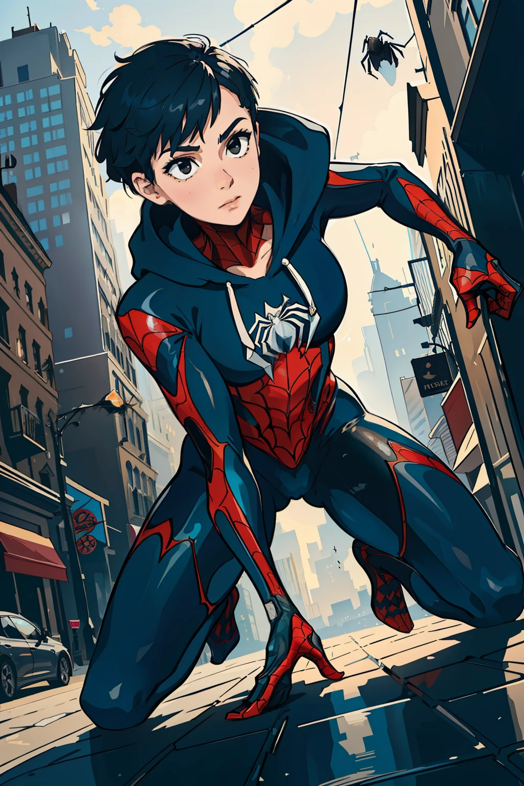 (masterpiece, best quality), intricate details, 8k, artstation, wallpaper, official art, splash art, sharp focus,
1girl, very short shaved hair, black eyes, black hair, 
 spider suit, spider web print, spider web
skyscraper, city, buildings, cars, street, spiderman outfit, hoodie