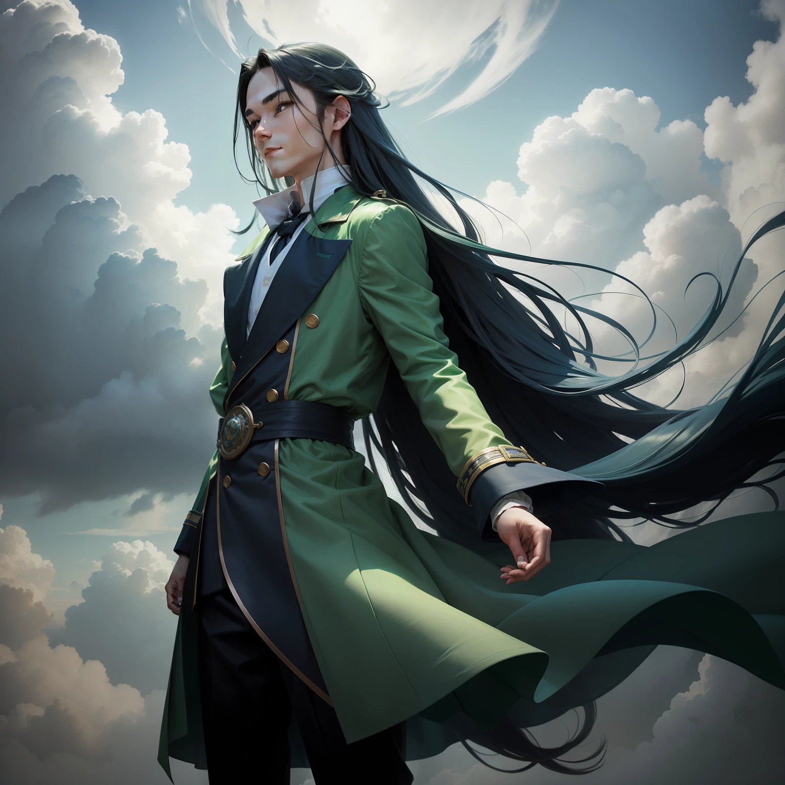 hyper HD，1 meter 8，sideface，Green silk dispersed，Long hair and waist，Standing proudly in mid-air，ssmile，Surrounded by clouds and fog，The breath of the strong，Long blue trench coat，Young boys，Blue mark on the forehead