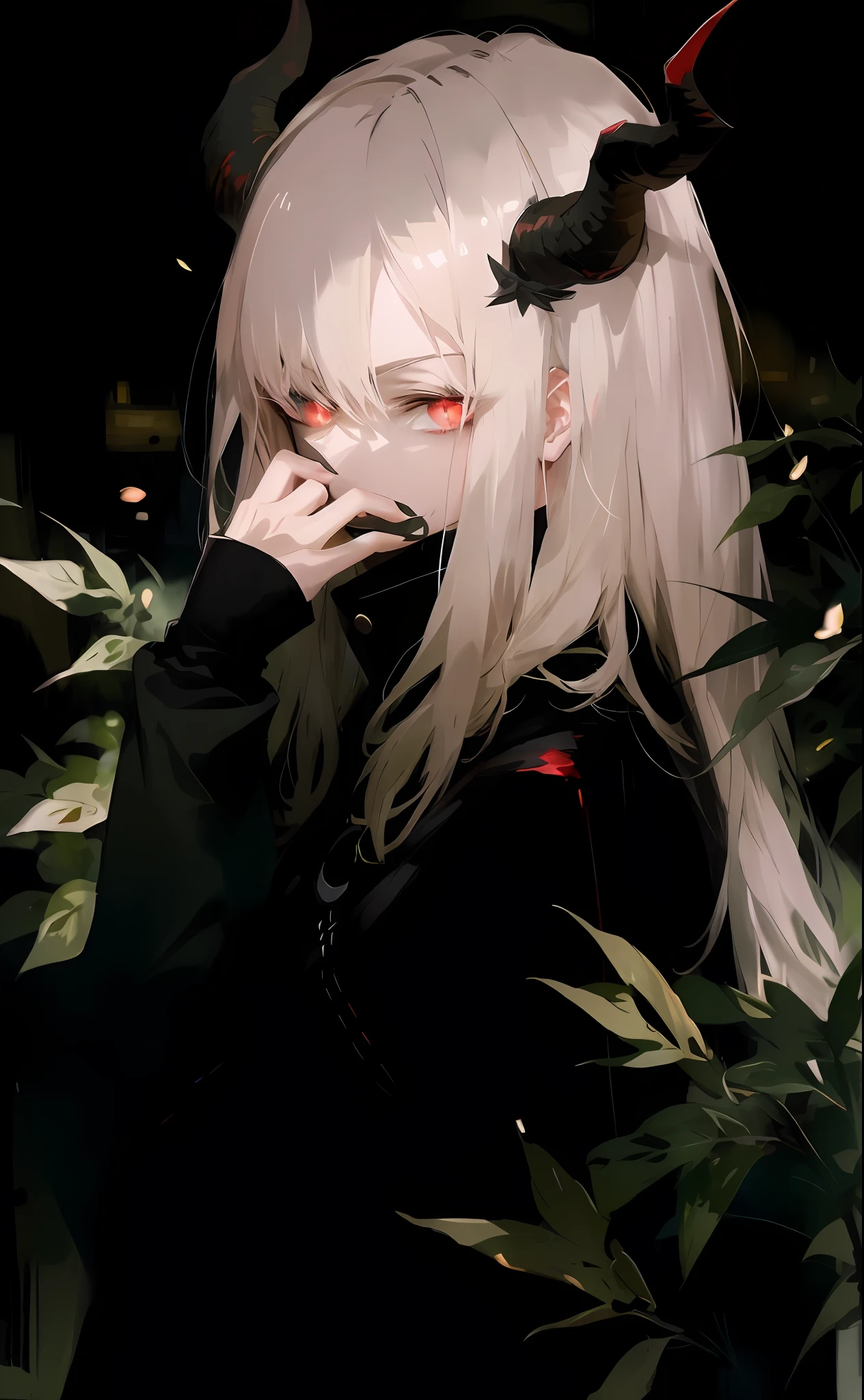 style of anime，high qulity，Blonde girl，Long white hair，There is a bird on the head，Guviz，teens girl，white color hair，Blonde anime girl with long hair，Anime girl with long hair，Guweiz in Pixiv ArtStation，anime girl profile，gothic maiden anime girl，red eyes，Blackn clothes，white color hair，devil horns，Devil Eyes，long whitr hair