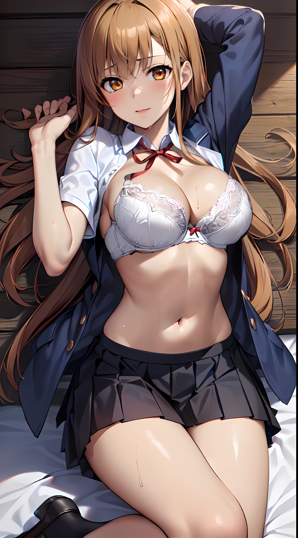 Official art、(Highly detailed CG Unity 8K:1.5),Perfect litthing,colourfull,Bright Front face Illuminating,(Skindentation),
(Master Pieces:1.5), (best_quality:1.3), Super Hi-Vision, super detailing,upper view,Seductive smile,(Kneeling:1.3),(from a_Side:1.5),(Lying in bed:1.3),
Photo Shot,hight resolution,(absurderes:1.2),Kodak Portra 400,film grains,Background blur,(lensflare:1.2),(vivd colour:1.2),
(cowboys_shot:1.4),during daytime,Sunsight,Face up,(Asuna),(Asuna Yuki),(White underwear:1.2),(Bra with ribbon:1.3),
Parted bangs beautiful breasts,length hair,hugetits,(Solo:1.5),on the beds,(neat figure:1.5),
(a 1 girl:1.5),18year old,High school students,Beautiful Finger、beautiful long leg、Beautiful body,Beautiful nose,Beautiful character design,Perfect eyes,face perfect,a navel,Beautiful hair,Sweat,Animated,cleavage,bikini of, Bra, Panties, (Wet clothes,Bare legs,Exquisite cloth,beautifully detailed eyes), (Portrait),(School uniform, Blazer,Cardigan,Jacket,Short sleeves,
(lovly,Large breasts:1.5),(Beautiful face:1.5),(narrowwaist:1.1),delicate patterns,intricate detailes,A seductive anime girl,Beautiful fece,Beautiful charming anime teen,Smooth Anime CG Art,Beautiful anime girl,The best girls in anime,oppai,Ecchi anime style,lascivious,Exquisite cloth,white brassiere,Highly detailed bra,Ren Hao,Lace-trimmed legwear,delicate patterns,intricate detailes,red blush,shinny skin,oestrus,(Black stockings:1.3),(Style image of woman in white underwear:1.5),Small curved loli,beautiful alluring anime teen,photorealistic anime girl render,beautiful alluring anime woman,Soft lighting,Perfect body with realistic shading、
