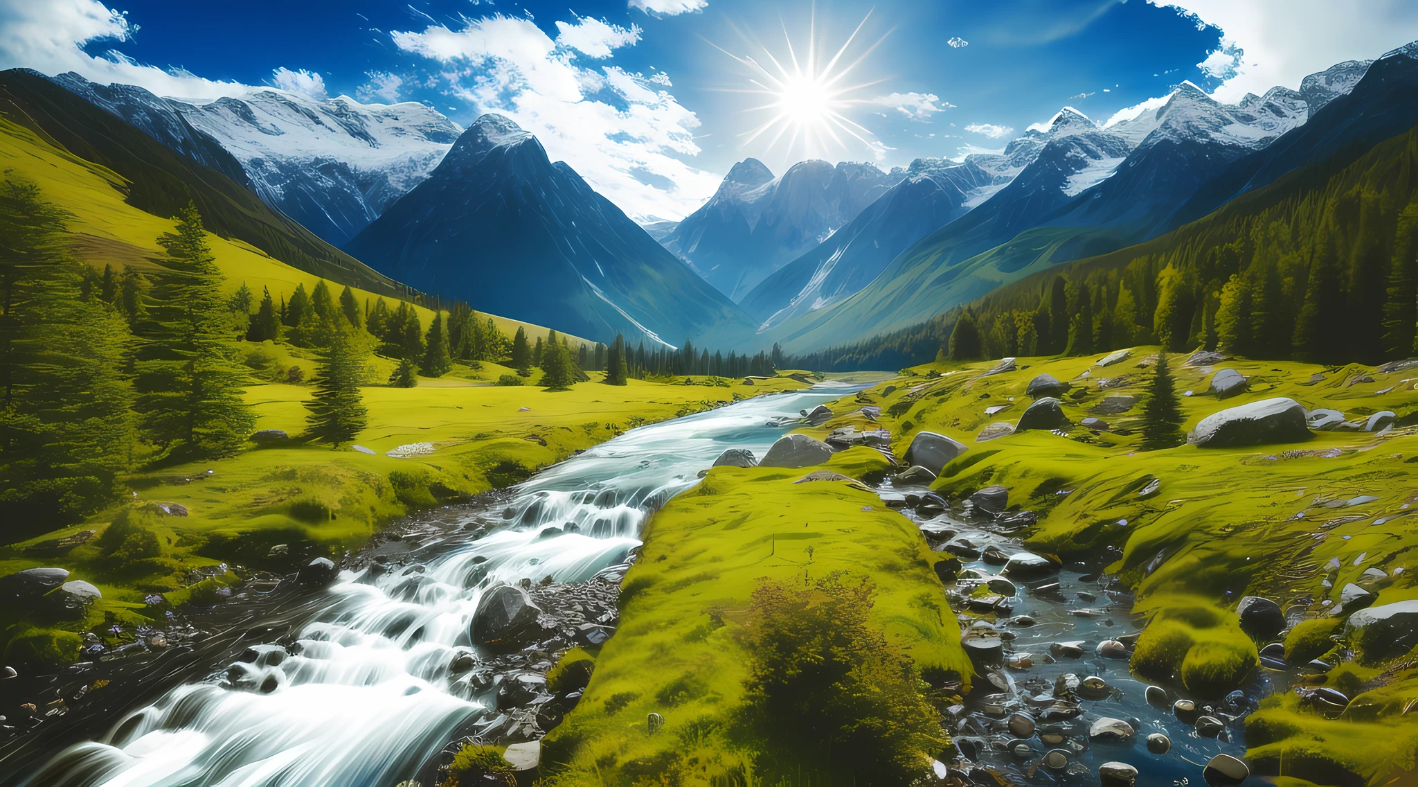 detailed background, masterpiece, best quality, landscape, mountains, river, forest, sun, day, clouds