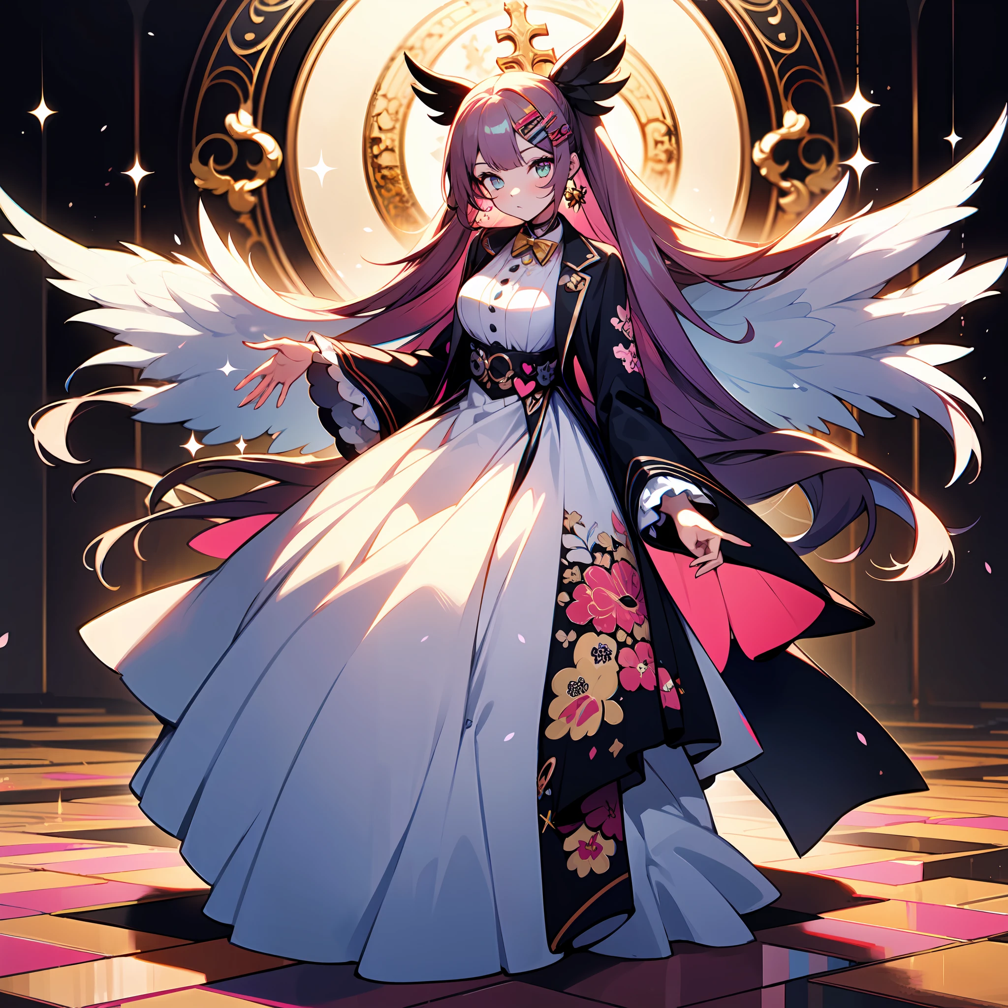 ((1girl)), "A stunningly beautiful girl with flowing hair and captivating eyes, dressed in an exquisite floor-length gown embellished with intricate floral designs, poised gracefully within the resplendent grandeur of a cathedral.", decora, hairclips, harajuku fashion outfit, harajuku