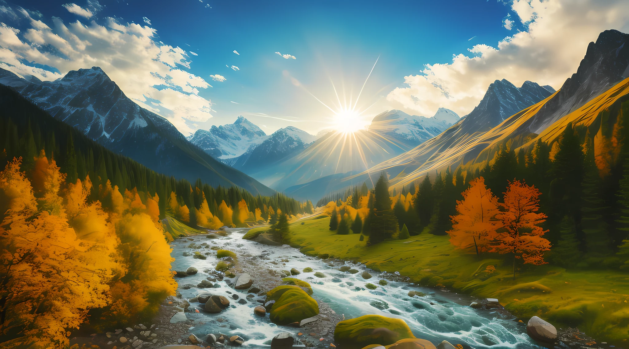 detailed background, masterpiece, best quality, landscape, mountains, river, forest, sun, day, clouds