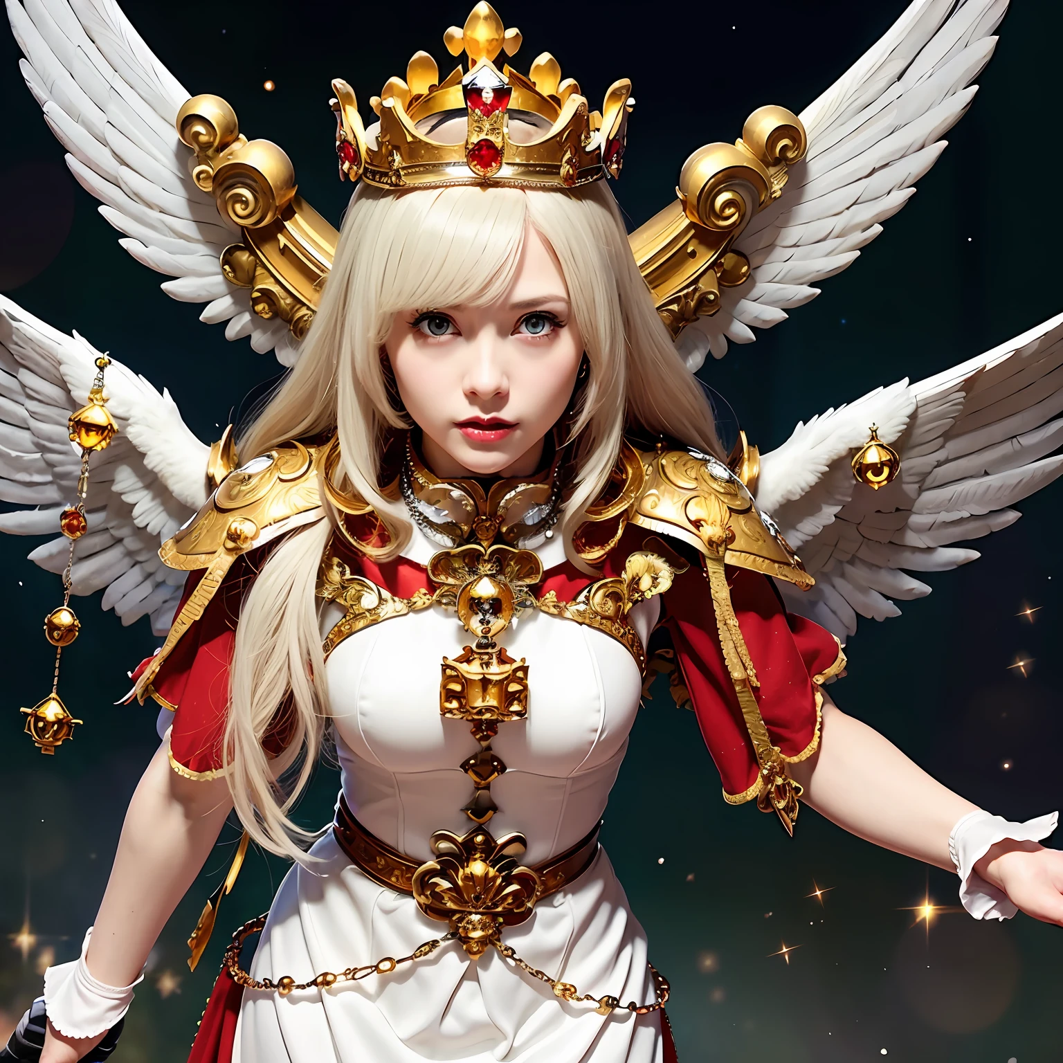 (masutepiece), Professional , masterpiece、top-quality、photos realistic , depth of fields (Gemstone Silver Metal Body:1.9),(Matte White、Jewel Gold Weapon、(Flying in the sky),Gorgeous metal weapons,(Detailed and realistic angel white wings) , Detailed Sword of the Brave , Beautiful knife 、delicated face、20 years girl ,warhammer 40k , adepta sororitas,Detail and ornate jewel crown、a blond、(Gangle's forest background)、Beautiful Caucasian beauty、1a person、dynamic ungle,(((Detailed and ornate diamond crown)))、Smaller head、A smile、Powerful poses、(Gorgeous castle background)、Beautiful thin fingers of a woman、Seductive look、