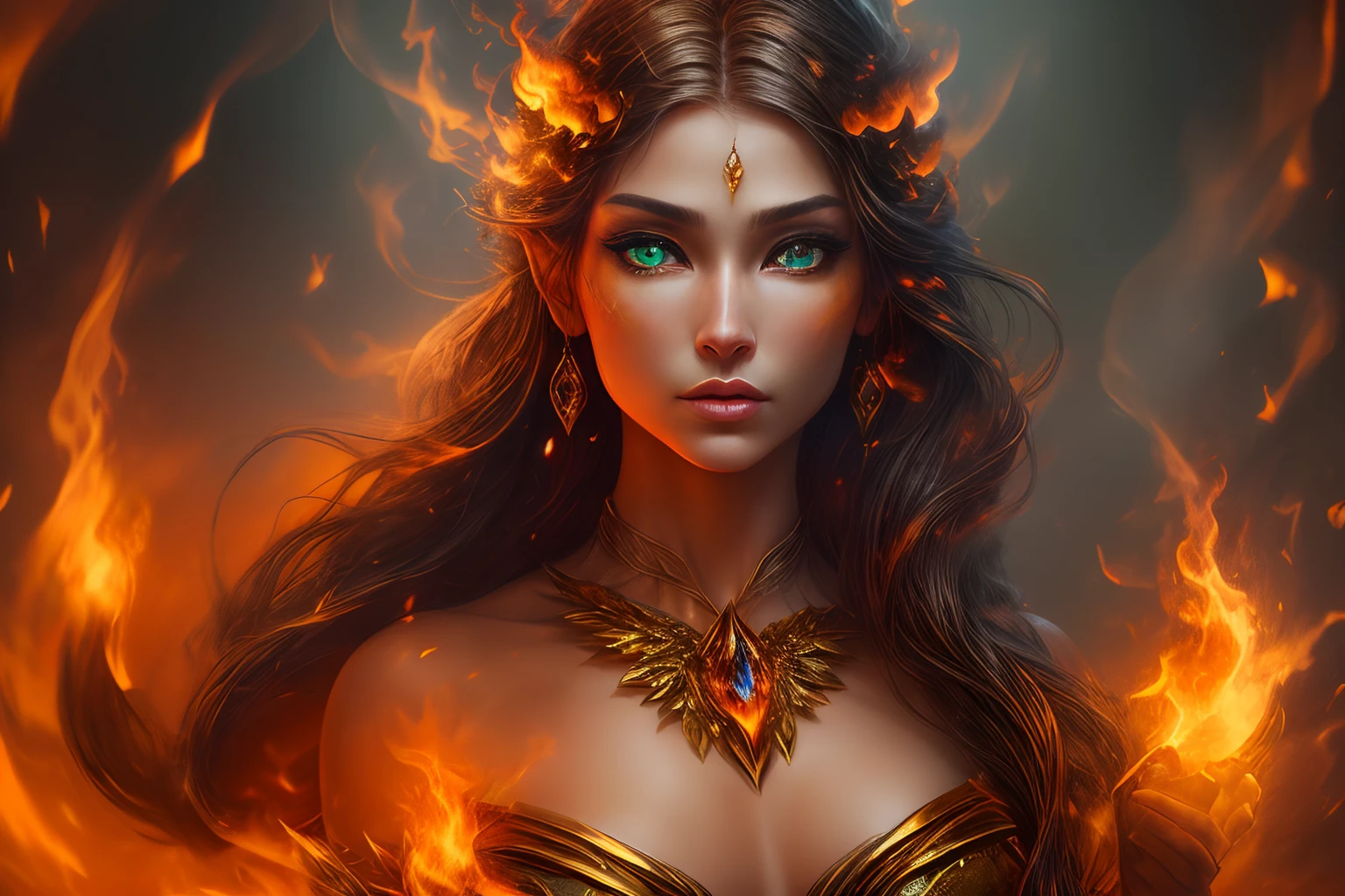 This (realistic fantasy) art contains embers, real flames, real heat, and realistic fire. Generate a masterpiece artwork of a petite female fire druid with large (((orange and gold))) eyes. The fire druid is awe-inspiring with beautiful ((realistic fiery eyes)) alight with confidence and power. Her features are elegant and well defined, with ((soft)) and (((puffy))) and (((smooth))) lips, elven bone structure, and realistic shading. Her eyes are important and should be the focal point of this artwork, with ((extremely realistic details, macro details, and shimmer.)) She is wearing a billowing and glittering gown ((made of realistic flames)) and jewels that glimmer in the fire light. Wisps of fire and smoke line the intricate bodice of the dress. Include bumps, stones, fiery iridescence, glowing embers, silk and satin and leather, an interesting background, and heavy fantasy elements. Camera: Utilize dynamic composition techniques to enhance the realistic flames.