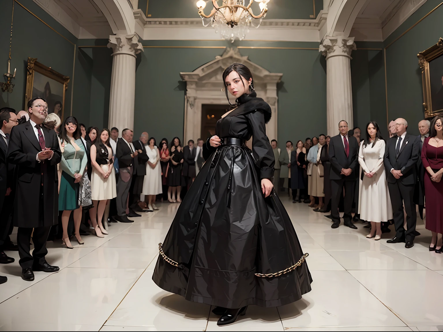 top quality picture　　　、United Kingdom 、Buckingham Palace　、　１５century　、(((Large crowd of guests)))　　、Black blouse　、　Black flared skirt　、　Wear a very long black coat　、is standing　　、extremely cold　、Close the front of the coat　、　(((throughout the room)))　、(((Two people)))　、Hand flail　、　(((low angles)))　、　
　、Collar with rope　　、(((distressed look)))　、Thin ropes that bind the body、full body Esbian、low angles　、chains　、Pale green walls　、 Black hair　、chandeliers　、 shining beautiful skin , Sweat, collar and chain accessories, beautiful black pupil and hair, Detailed expression　, beautidful eyes,