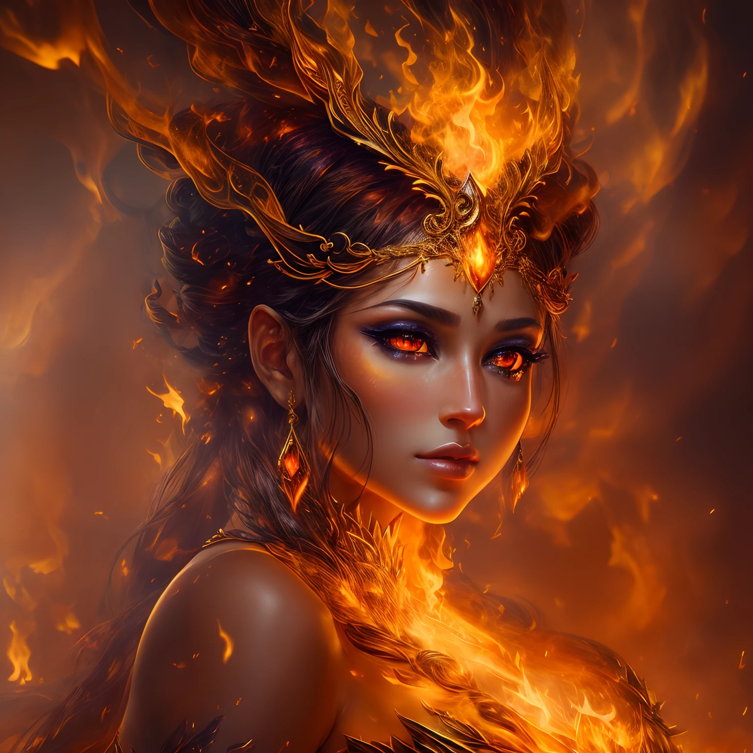 This (realistic fantasy) art contains embers, real flames, real heat, and realistic fire. Generate a masterpiece artwork of a ite female fire druid with large (((orange and gold))) eyes. The fire druid is awe-inspiring with beautiful ((realistic fiery eyes)) alight with confidence and power. Her features are elegant and well defined, with ((soft)) and (((puffy))) and (((smooth))) lips, elven bone structure, and realistic shading. Her eyes are important and should be the focal point of this artwork, with ((extremely realistic details, macro details, and shimmer.)) She is wearing a billowing and glittering gown ((made of realistic flames)) and jewels that glimmer in the fire light. Wisps of fire and smoke line the intricate bodice of the dress. Include bumps, stones, fiery iridescence, glowing embers, silk and satin and leather, an interesting background, and heavy fantasy elements. Camera: Utilize dynamic composition techniques to enhance the realistic flames.