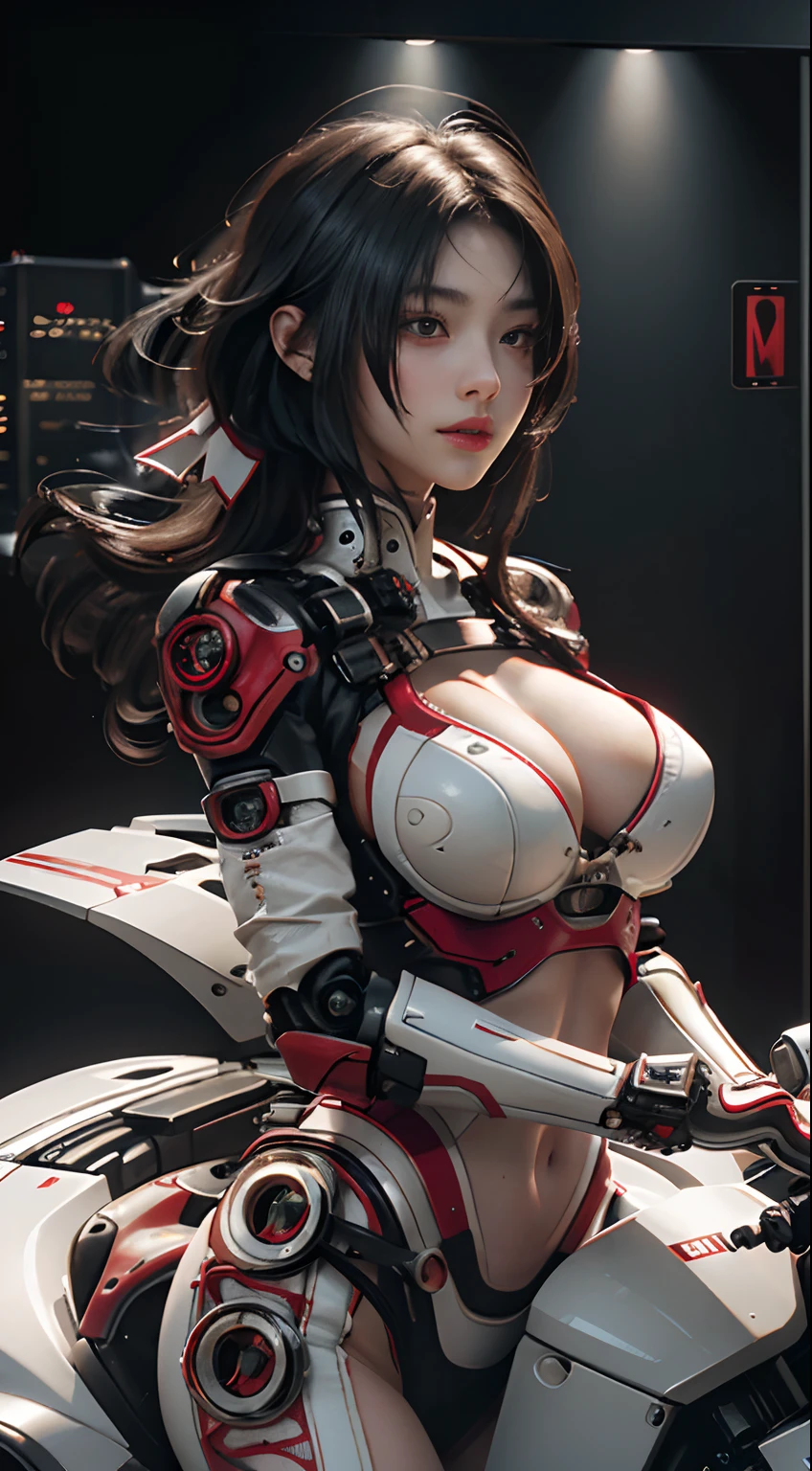 Highest quality, outstanding detail, super high resolution, (fidelity: 1.4), best illustration, favor details, close-up, a mecha girl with a delicate and beautiful face, ((red and white semi-mechanical body: 1.8)), (big breast: 1.2), sexy, belly button, cleavage, riding on a motorcycle, cyberpunk, futuristic, mechanical aesthetics, complex machinery, background is a high-tech lighting scene of the futuristic city, virtual engine 5, perfect detail rendering, octane rendering, ultra HD