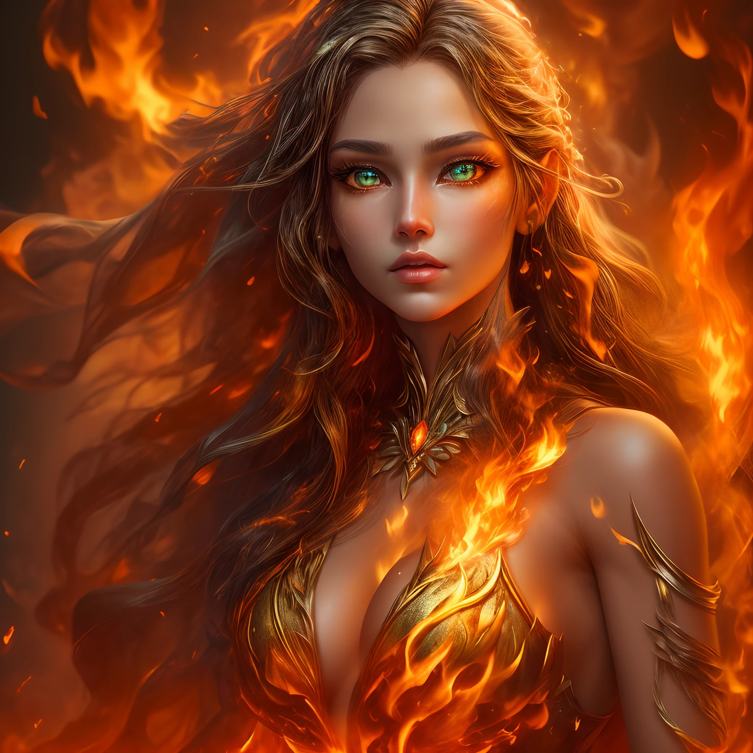 This (realistic fantasy) art contains embers, real flames, real heat, and realistic fire. Generate a masterpiece artwork of a ite female fire druid with large (((orange and gold))) eyes. The fire druid is awe-inspiring with beautiful ((realistic fiery eyes)) alight with confidence and power. Her features are elegant and well defined, with ((soft)) and (((puffy))) and (((smooth))) lips, elven bone structure, and realistic shading. Her eyes are important and should be the focal point of this artwork, with ((extremely realistic details, macro details, and shimmer.)) She is wearing a billowing and glittering gown ((made of realistic flames)) and jewels that glimmer in the fire light. Wisps of fire and smoke line the intricate bodice of the dress. Include bumps, stones, fiery iridescence, glowing embers, silk and satin and leather, an interesting background, and heavy fantasy elements. Camera: Utilize dynamic composition techniques to enhance the realistic flames.