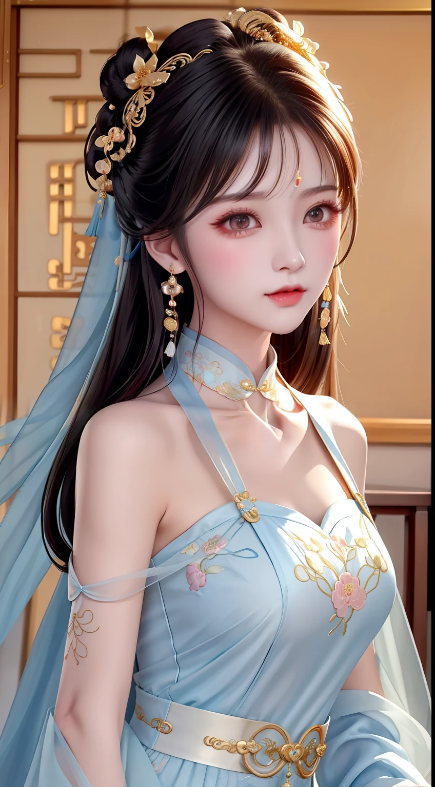 Best quality at best, tmasterpiece, beautiful face, 1girll, Long_Hair, 独奏, The upper part of the body_Body, Porcelain dress,shift dresses,hair adornments, choker necklace, jewely, long whitr hair, 耳Nipple Ring, High-detail Chinese clothing,8K分辨率,超高分辨率,A young girl, A cute girl,short detailed hair,double bun hair,lipsticks,Tassel earrings,choker necklace,Black clear eyes,Smooth hair,鎖骨,Exquisite and perfect facial features, the most beautiful big eyes,Long eyelashes,The eyes are sweet and there are lying silkworms,dynamic angle,Extreme picture quality,Highest precision,Precise and perfect human anatomy,(((Professional Dress,Slim blue Republic of China cheongsam,Embroidery))),((sitted)),Warm scene,超高分辨率,Ultra-clear vintage black flowing hair,Delicate bun)By bangs,(Long flowing hair,With a bun:1.3)),Delicate collarbones,beautiful make up,Exquisite and perfect facial features,,Big watery eyes,Lying silkworm,Long eyelashes,The eyes are sweet and have eye shadow,Slim waist,Do not show your hands,,lipsticks,Blushlush,Delicate earring earrings