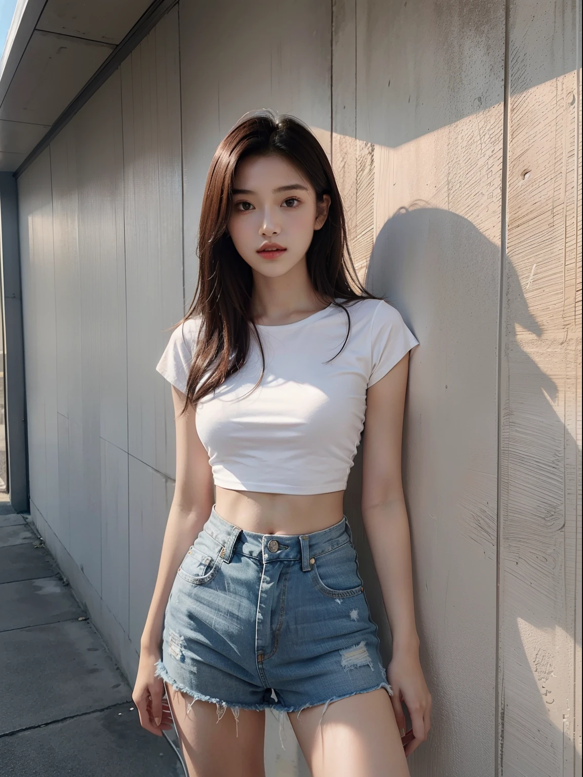 best qualtiy, Full body like,Refined face,18-year-old girl,Slim body,Smaller bust,White crop top T-shirt,Short waist pink denim skirt,game scenes,Stand tall
