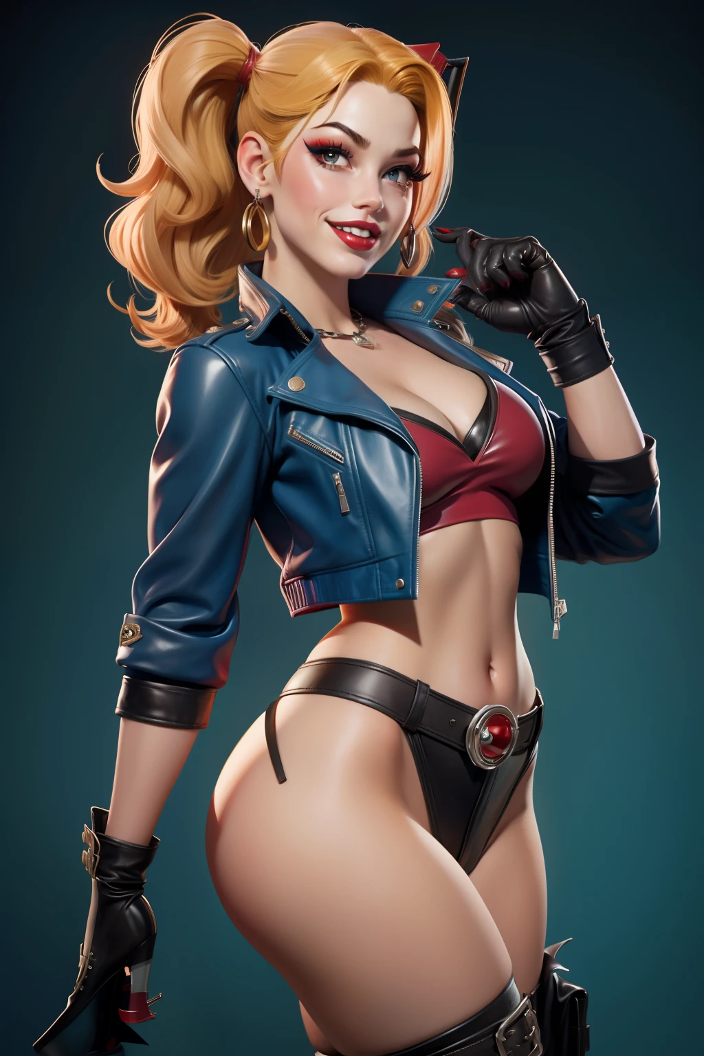 Harley Quinn pin up, Gil Elvgren, wearing a open leather jacket