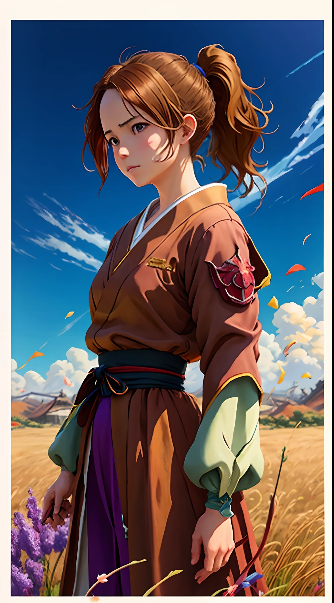 , (anime screencap,vivid cymk color :1) of ( Celluloid:1)
 by (nvinkpunk:0.3),(kuvshinov:0.3),(dreamlikeart:0.3),(samdoesart:0.3),(modelshoot style:0.3),
by Hiroya Oku Naoki Urasawa
,1girl,, japanese , a brown female  1gril,[nicole kidman:rachael leigh cook:0.3] ,(Holding an Object:1.1), ,ash blonde,Ponytail, Slatted armour 
,fantasy art by  studio ghibli,Shinkai Makoto ArtstationHQ, painting with Vivid color of field, High contrast!,
best quality,masterpiece,highly detailed,ultra-detailed,