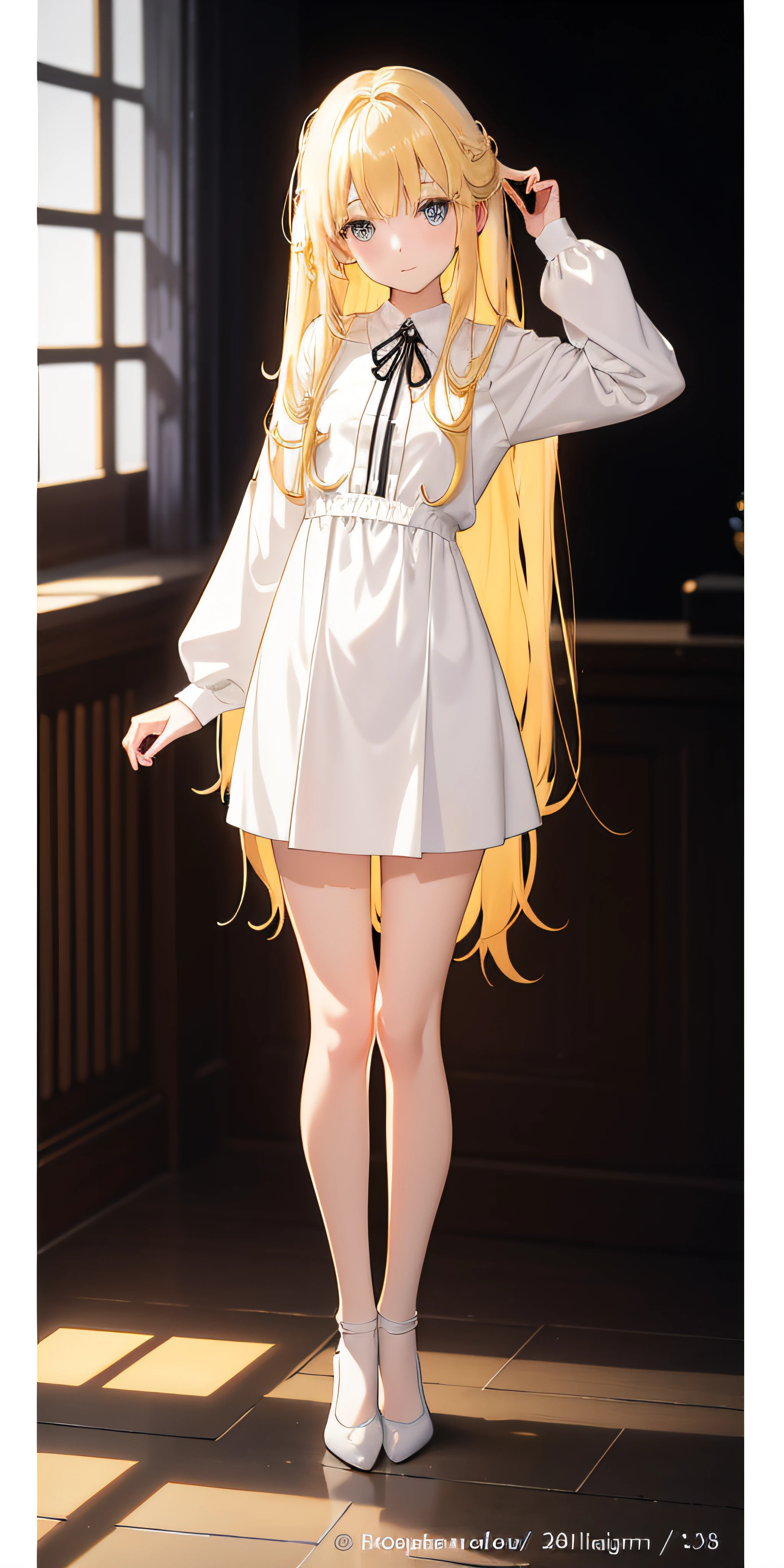 Photorealsitic, Bright indoor, Soft light, Low contrast, Shallow depth of field, Beautiful girl illuminated by gentle light,long straight hair bangs , hair color is a blonde hair chestnut shade with a slight brown tone, hair with a stress no wave, (long-sleeved shirt White long lolidress), black skirt (Silk White Socks), (pumps), (Full body:1.5), squatting, Blank white background,look at viewer