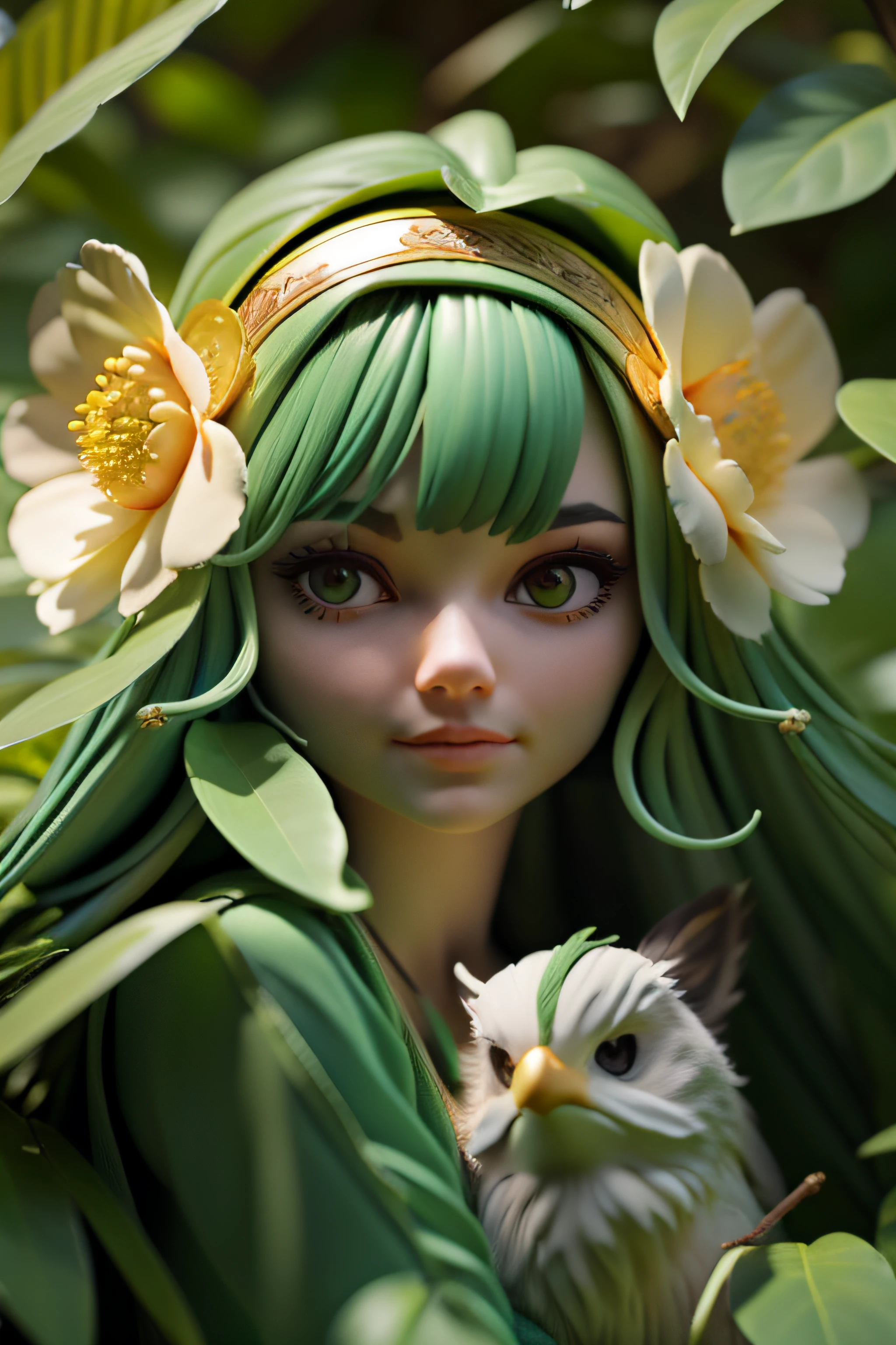 green leaf,jungles,Animals, flowers, birds,Faces emerge from the leaves,(Highest image quality), (The work of the master), (hyper-detailing), (eye detailed: 1.0), (light flare lens: 1.0), (filmposter: 1.0), (unwind, downy :1.2), (Light beauty details:1.0),(ssmile:1.0) ({eyeslashes|eye shadows||}),