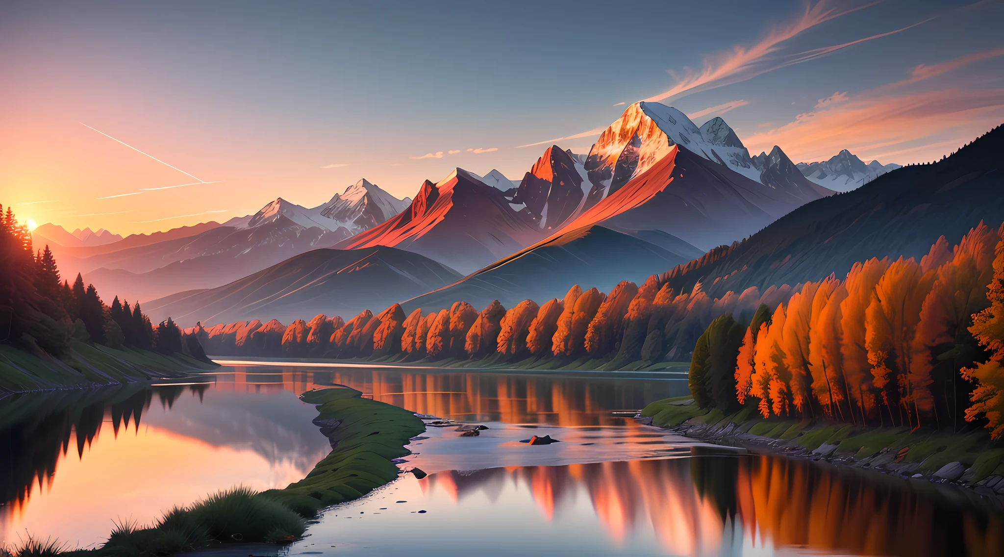 Dusk, river bank, colorful sky, orange sun, mountains, distant mountains, outline, beautiful scenery