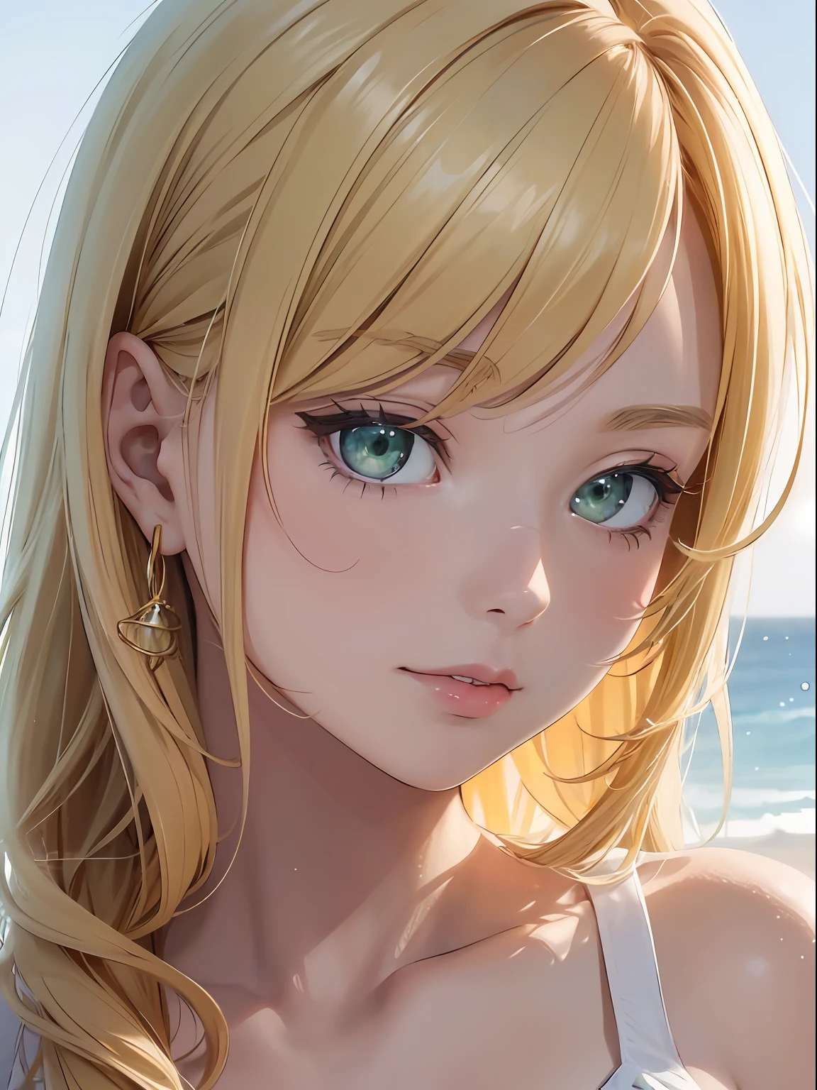 NFSW, 1 Lady,  Face, (((1 Lady:1.37, Solo))), (((Close-up of face))), (Beautiful face, Cute face, Detailed face), ((( Golden hair, Semi-long hair, Hair pulled back, Wavy Hair))), (((Detailed beautiful green eyes))), BREAK, (((Sunny))), (((in beach))), BREAK, extremely detailed CG unified 8k wallpaper, very fine 8KCG wallpaper, anime moe art style, Anime visuals of cute girls, anime style portrait, In an anime style, Beautiful anime, 8K Anime Art Style, In anime style、8K animation with detailed drawings, (​masterpiece, Best Quality), High resolution, Ultra-detailed, ultra-sharp, Cinematic lighting