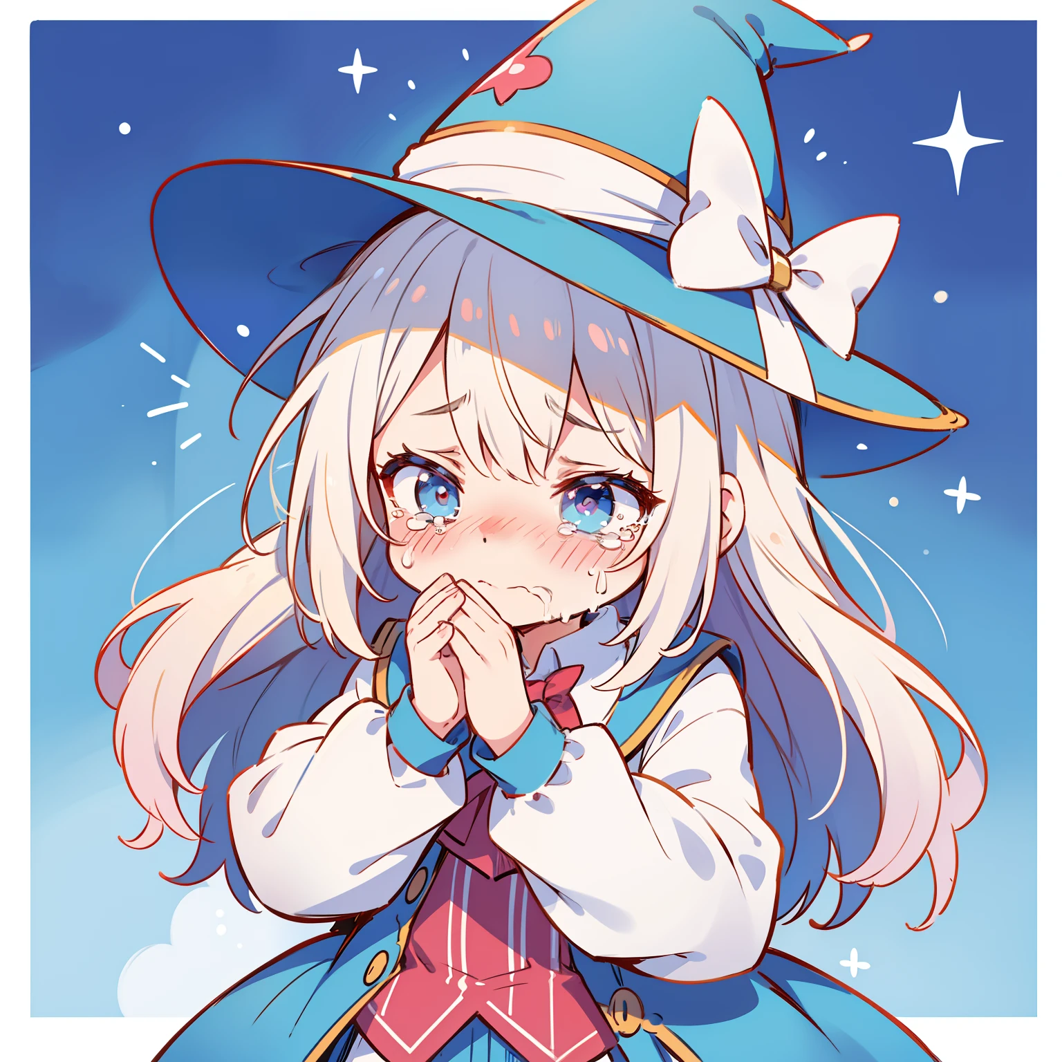 A loli magician in clothes that are far too big for her, embarrassed expression, crying, teary eyes, loose clothes, magician's hat