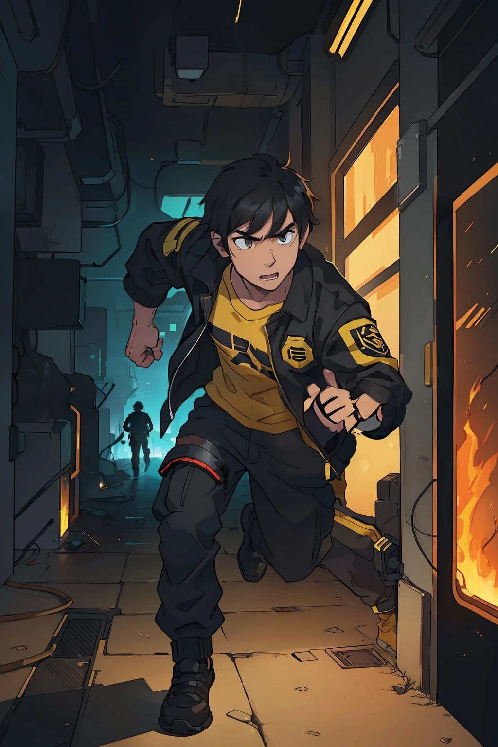 man with black hair, wearing a black sci-fi jacket, yellow t-shirt and black cargo pants. running from fire in a sci-fi , cyberpunk corridor, dynamic pose