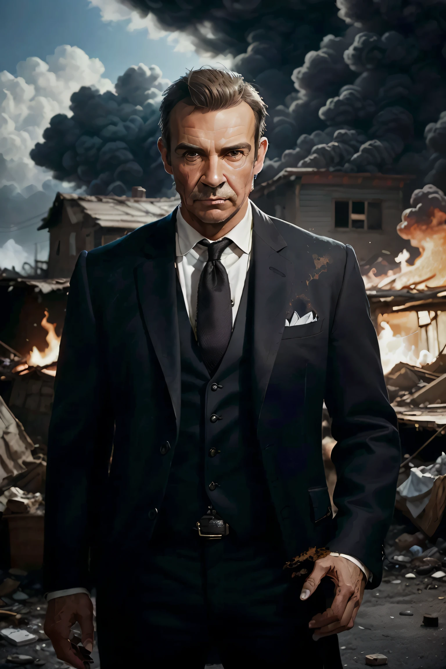 award winning photo of a mature man, sirsean,(realistic, photo-realistic:1.4),(sharp focus:1.4),
(detective:1.2), (fancy suit:1.1), smirk, (ultra detailed face and eyes:1.1), (album art:1.1), slum cyberpunk, frown, (slum old garage:1.1), (artpunk:1.0), unique pose, (trigun:1.1), (masterpiece:1.1), best quality, run-down, ultra high detail, (by antoine blanchard and casey baugh:1.1), (by zdzislaw beksinski:0.8), extremely intricate, extreme detail, raytracing, reflections, beautiful lighting, (harsh lighting:1.1), (High Saturation Clarity Contrast, deep levels, sharp, retouched, color graded:1.1), soft lighting, cinematic, (heavy contrast:1.2),dimly lit,,burning,breathing fire, explosion,fiery tail,