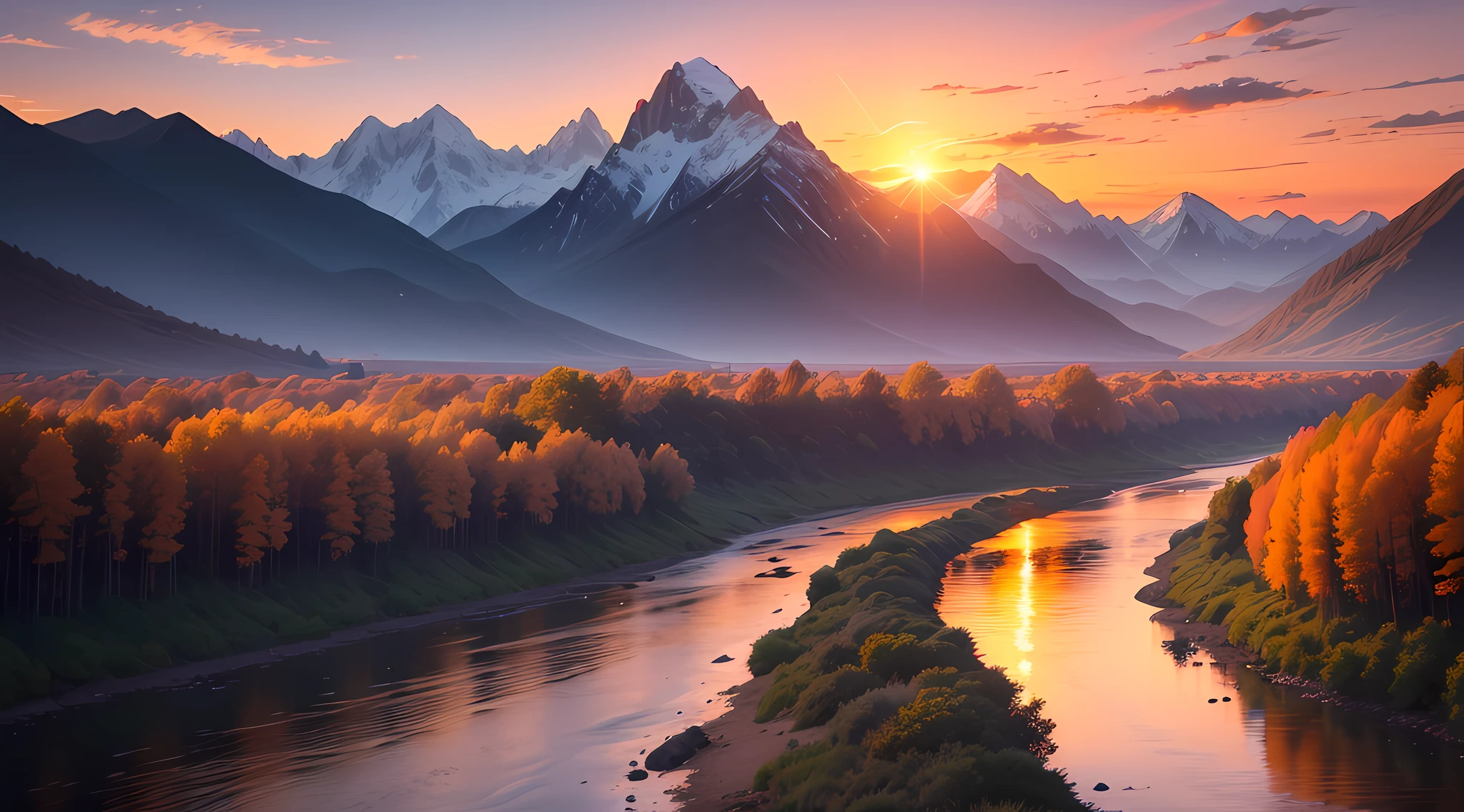 Dusk, river bank, colorful sky, orange sun, mountains, distant mountains, outline, beautiful scenery