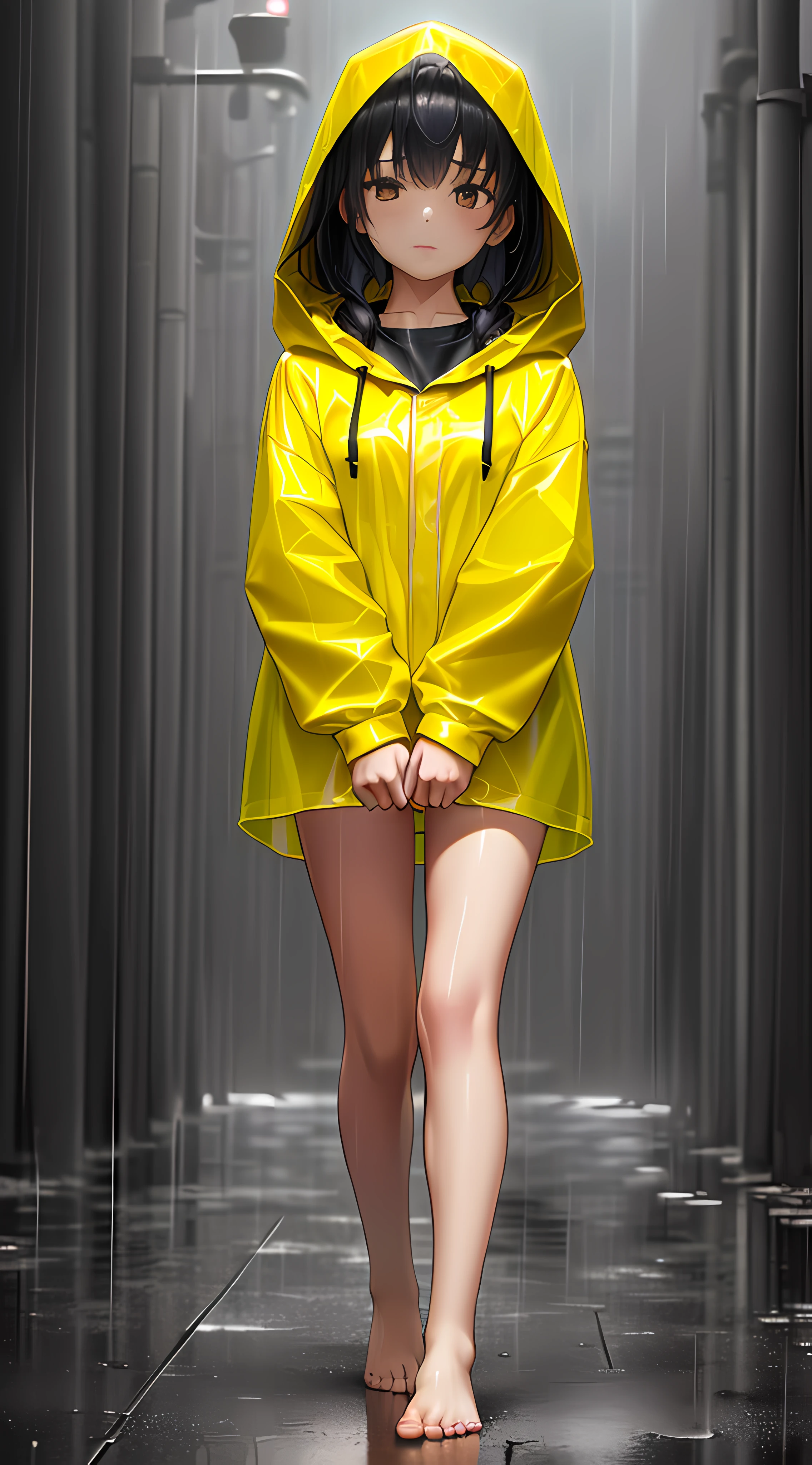 A fifteen-year-old girl，Wear a yellow hooded raincoat，stand posture，full body pov，Bare legged，Barefoot，Standing in heavy rain，Accentuate the texture of raincoats and gelcoats，Accentuates the translucent texture of the raincoat