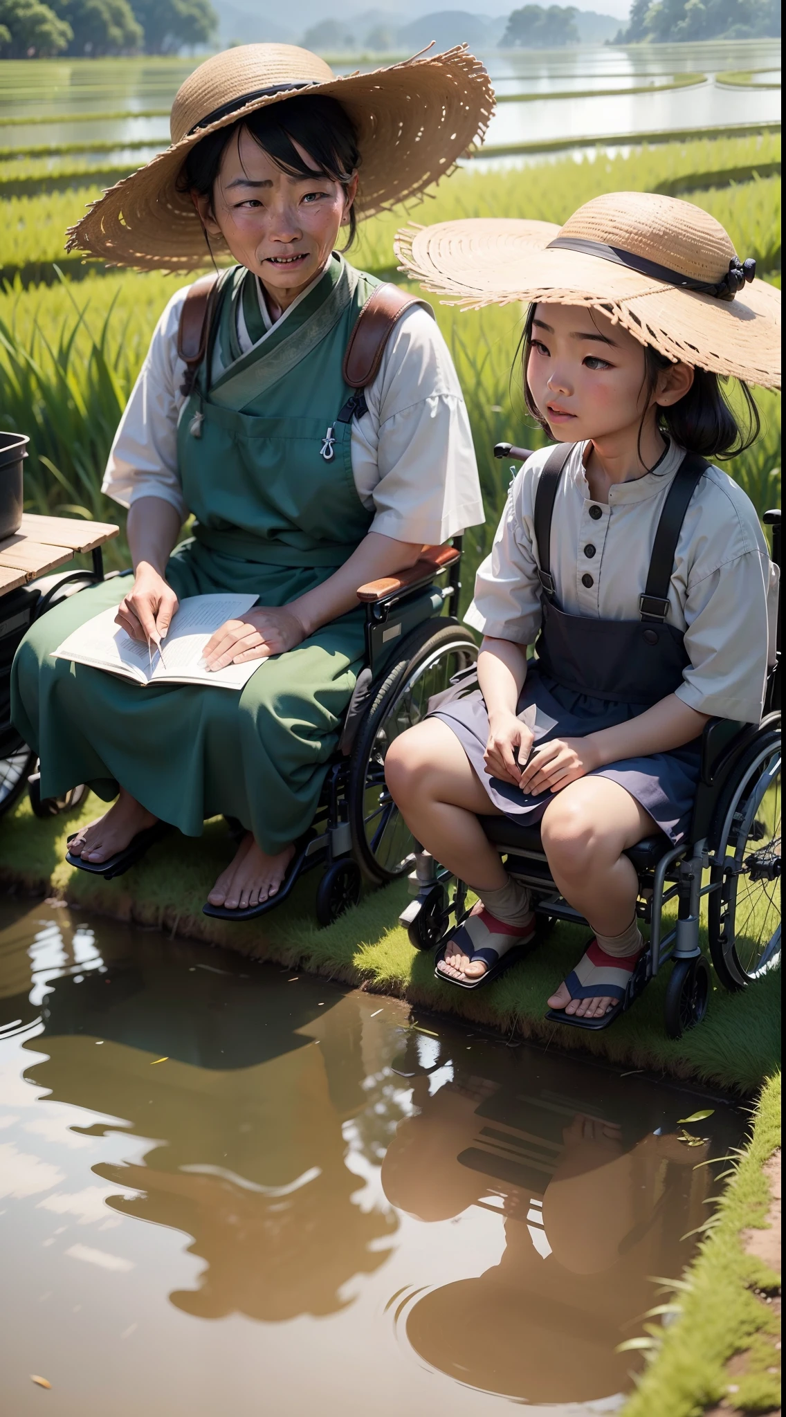 A group of disabled people,Rice field side,Learn,The characters are smaller