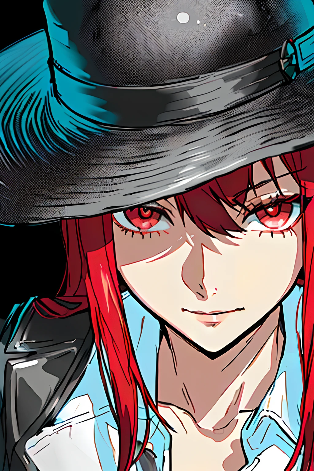 Anime girl with black and red gradient hair and black hat, kurisu makise steins gate anime, close up of a young anime girl, kurisu makise, medium close up shot, made with anime painter studio, Also, with glowing red eyes, red eyes glowing, Anime style. 8K, roguish smirk，Black torn cowboy hat，Pink white skin，Black leather jacket and white lining，Provocative smile，huge tit，musculature