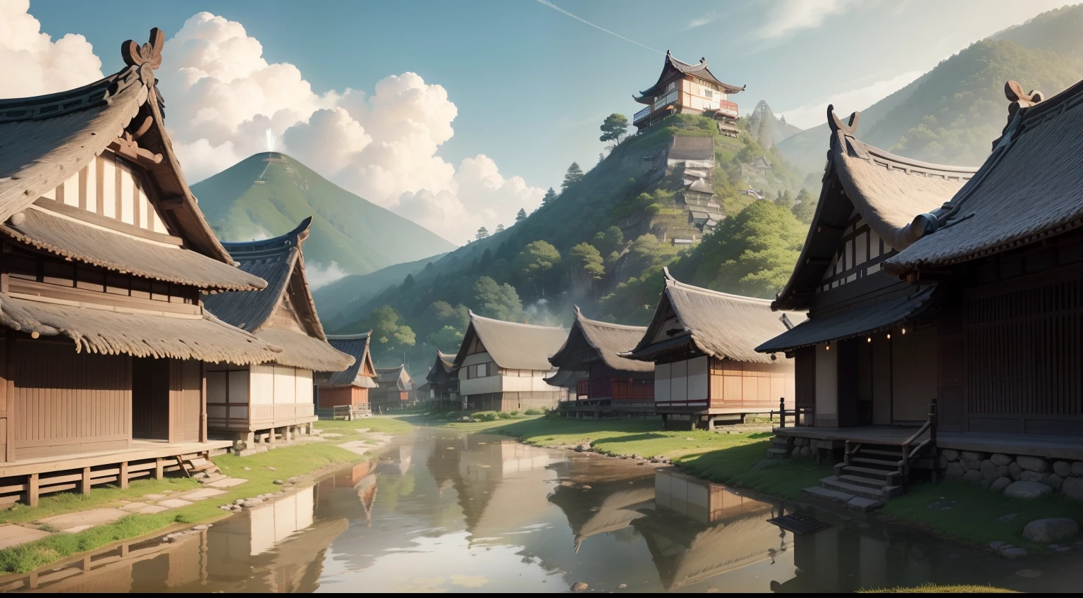 "As I gaze downward, a scene unfolds before me: a village of thatched-roof houses from the Joseon dynasty era in Korea, where commoners reside. The tranquility of the village is palpable as I take in the peaceful and quiet surroundings. Thatched-roof cottages, known as 'chogajip,' dot the landscape, each a testament to the simple and harmonious life led by the people. Smoke gently rises from chimneys, carrying with it a sense of warmth and unity that pervades the entire village."
