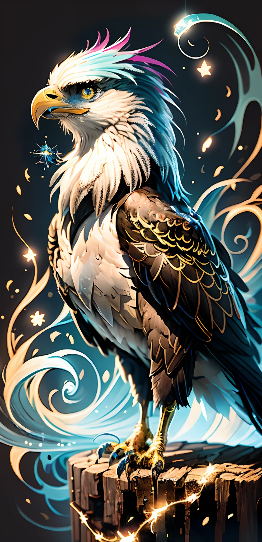 painting of a bird with a blue and white head and wings, penas brilhantes, mytical creature, pintura digital | intrincado, arte fantasia behance, fanart detalhado, artwork of a phoenix, aquila, Falvie, Gryphon, intrincada pintura digital, arte digital detalhada, stunning digital illustration, Vencedor de concurso de arte no Behance, arte mais detalhada, arte de fantasia digital 2d detalhada