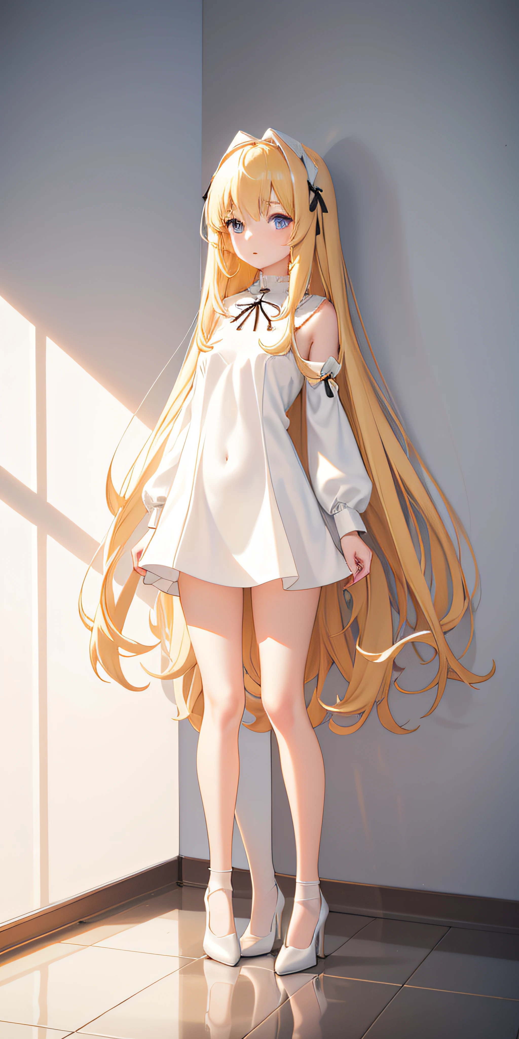Photorealsitic, Bright indoor, Soft light, Low contrast, Shallow depth of field, Beautiful loli girl illuminated by gentle light,long straight hair bangs , hair color is a blonde hair chestnut shade with a slight brown tone, hair with a stress no wave, (long-sleeved shirt White long lolidress), black skirt (Silk White Socks), (pumps), (Full body:1.5), squatting, Blank white background,look at viewer